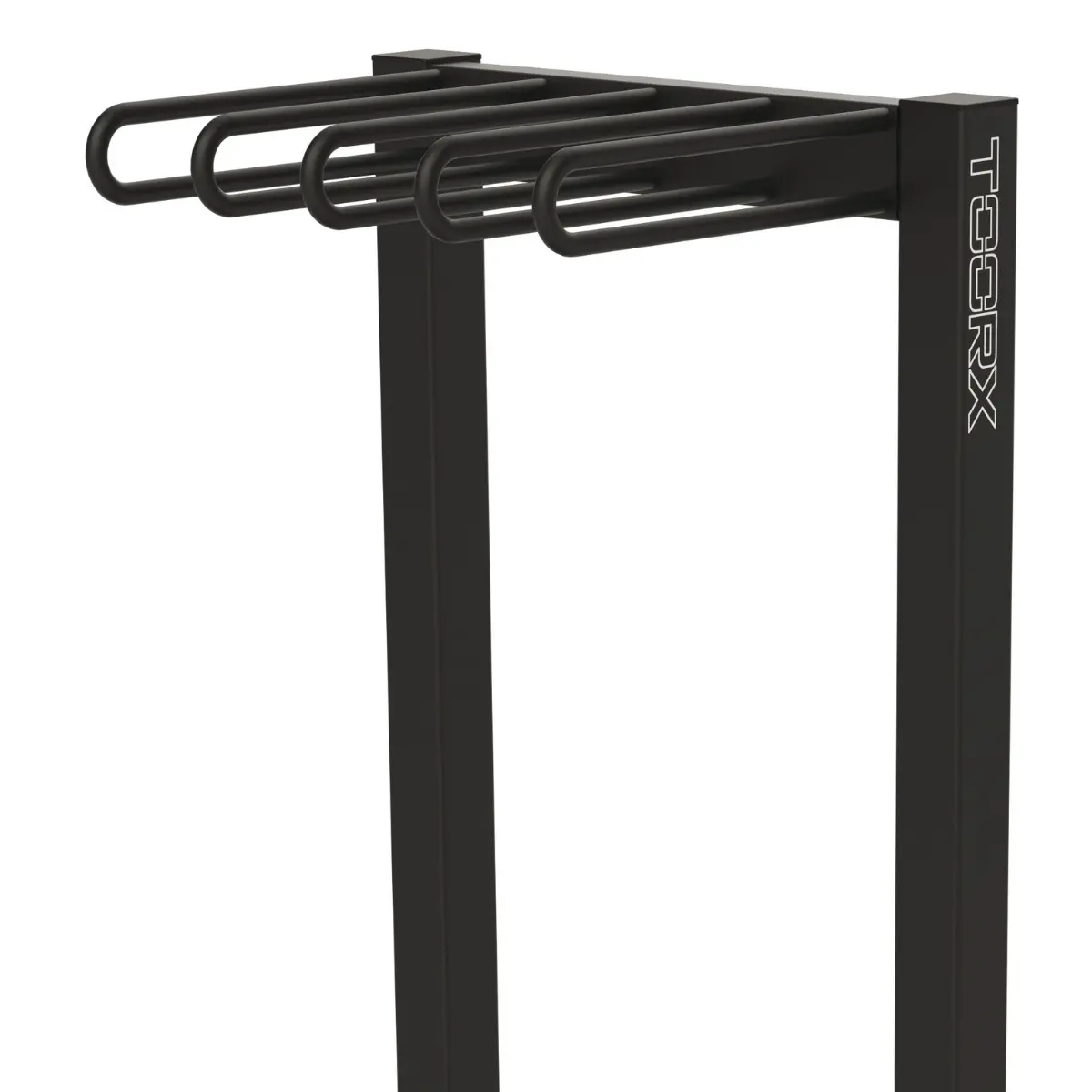 Close-up of a black metal stand with curved hooks and a rectangular base. The brand name is visible.