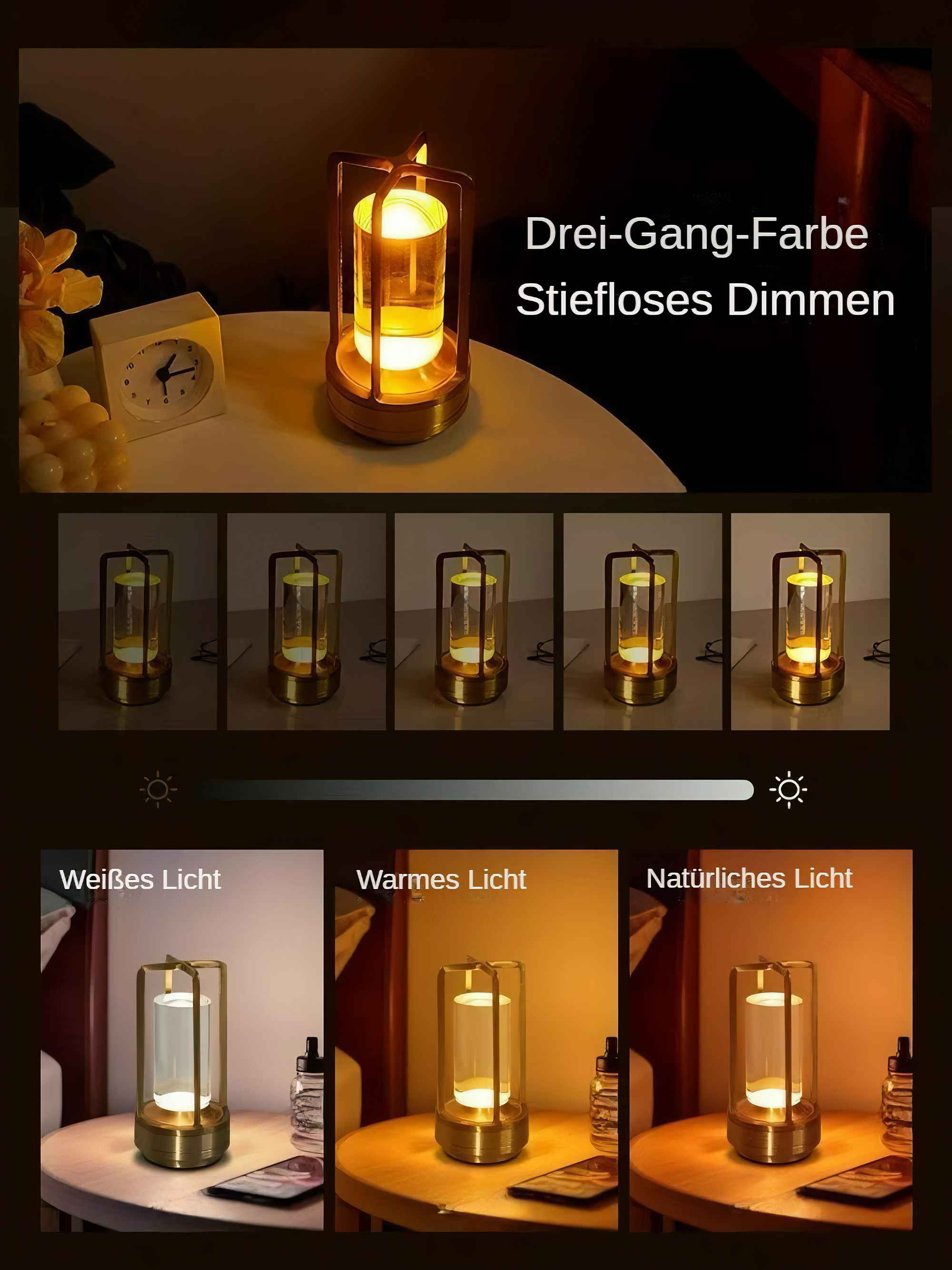 Ein Bild, das eine Laterne mit drei Lichteinstellungen und eine Tabelle mit den Dimmstufen zeigt.