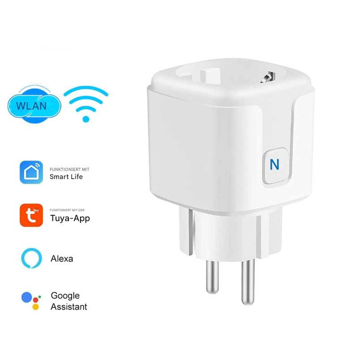 Ein weißer Smart-Stecker mit einem Ein-/Ausschalter und dem Wort 'N'. Links werden WLAN- und App-Symbole angezeigt.