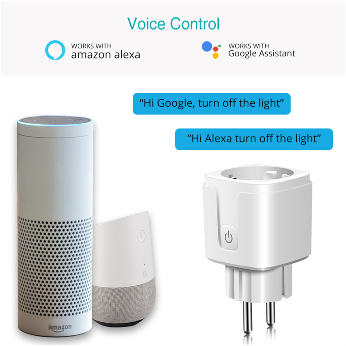 Das Bild zeigt Smart-Home-Geräte, darunter einen Amazon Alexa, Google Home und einen Smart-Stecker mit Sprachsteuerung.