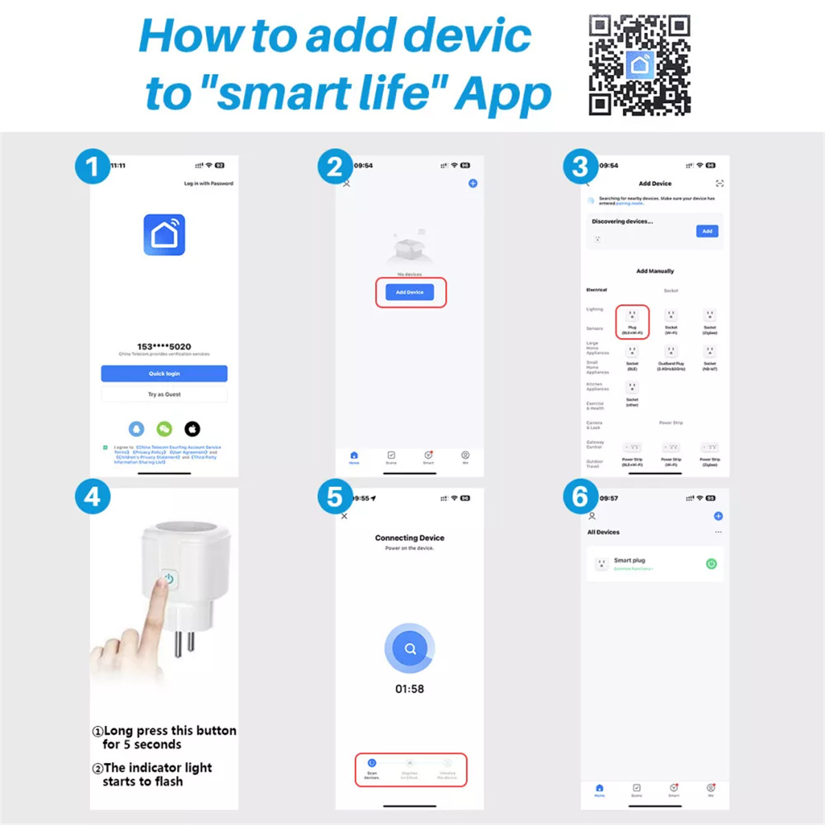 Screenshots, die zeigen, wie man ein Gerät zu einer Smart-Life-App hinzufügt, vom Login bis zur Geräteauswahl und Verbindung.