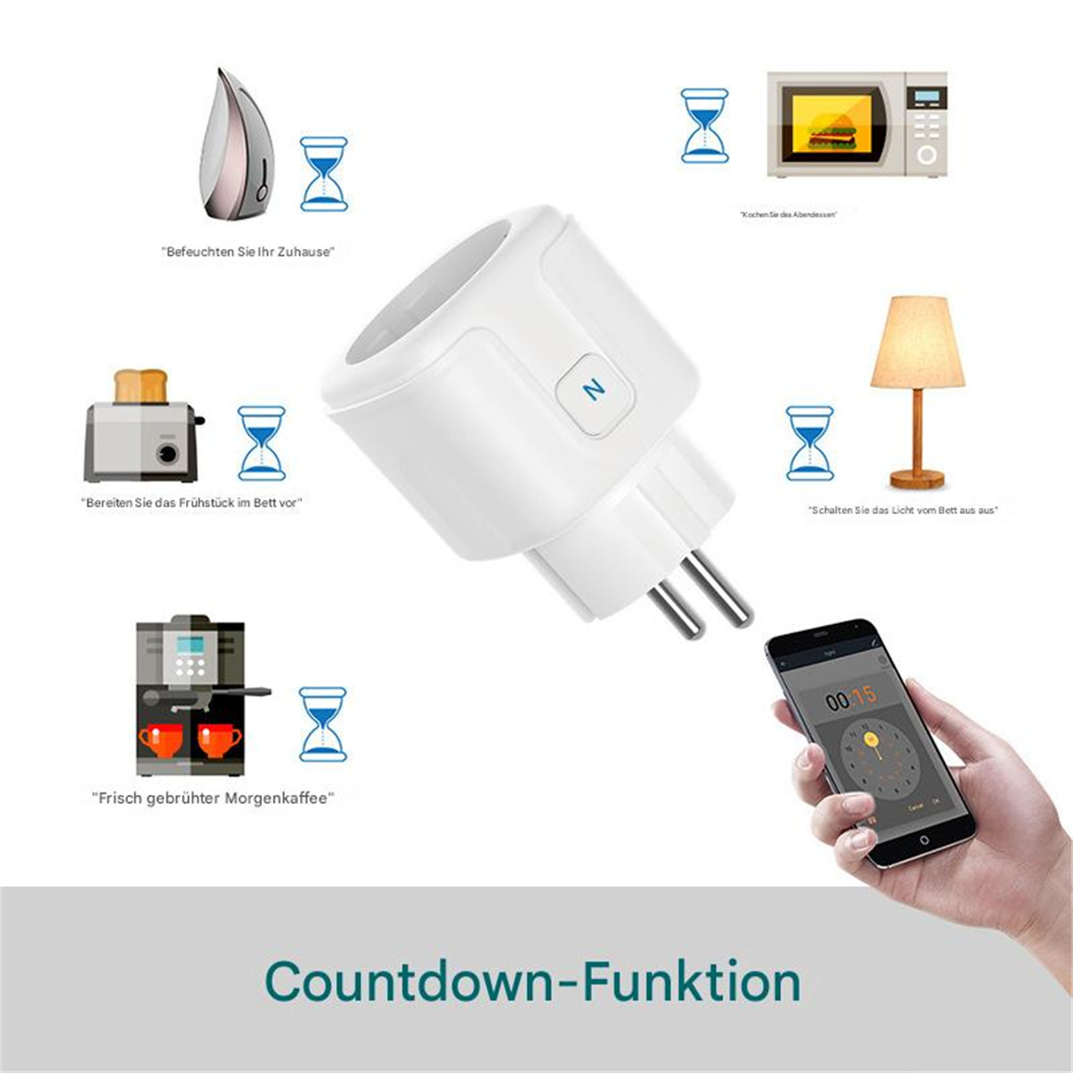 Ein weißer Smart Plug mit Countdown-Funktion und mehreren Symbolen, die seine Verwendung mit Geräten und Smartphone zeigen.