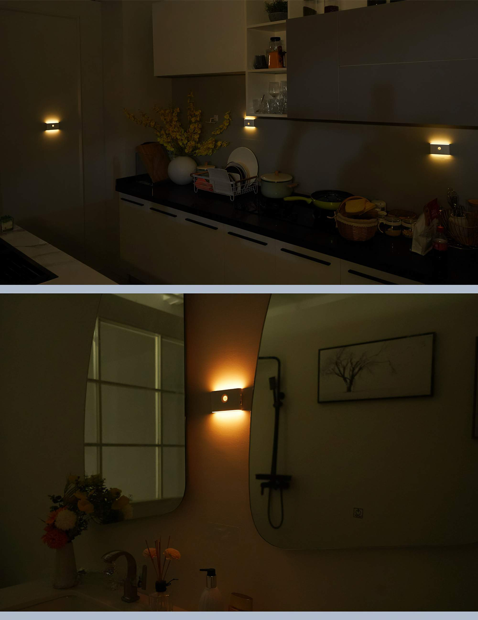 Bilder, die Lichter in einer Küche und einem Badezimmer zeigen. Die Lichter sind rechteckig und klein, an der Wand montiert.