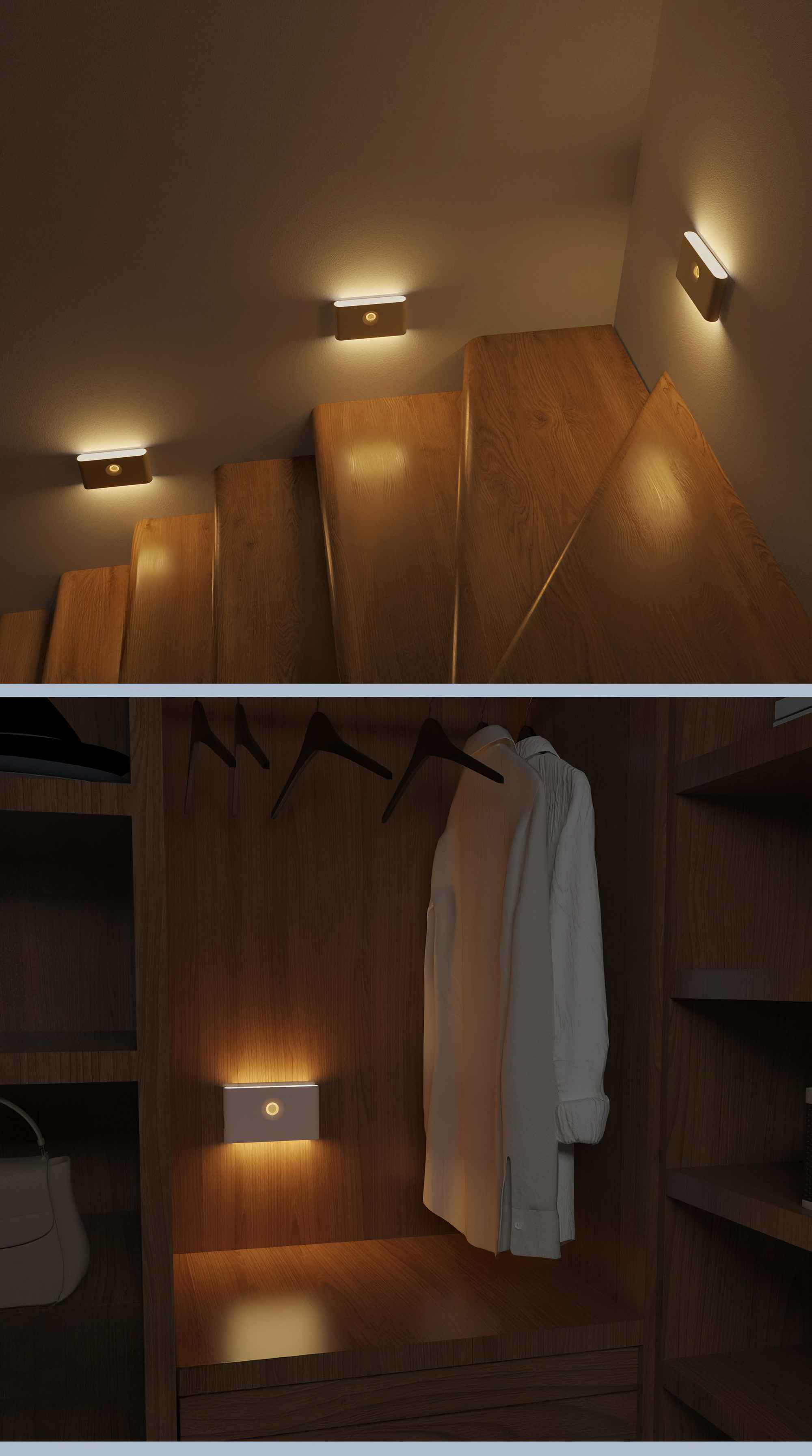 Eine Reihe von Bildern, die Lichter auf Treppen, an Wänden und in einem Kleiderschrank zeigen. Die Lichter sind rechteckig und klein.