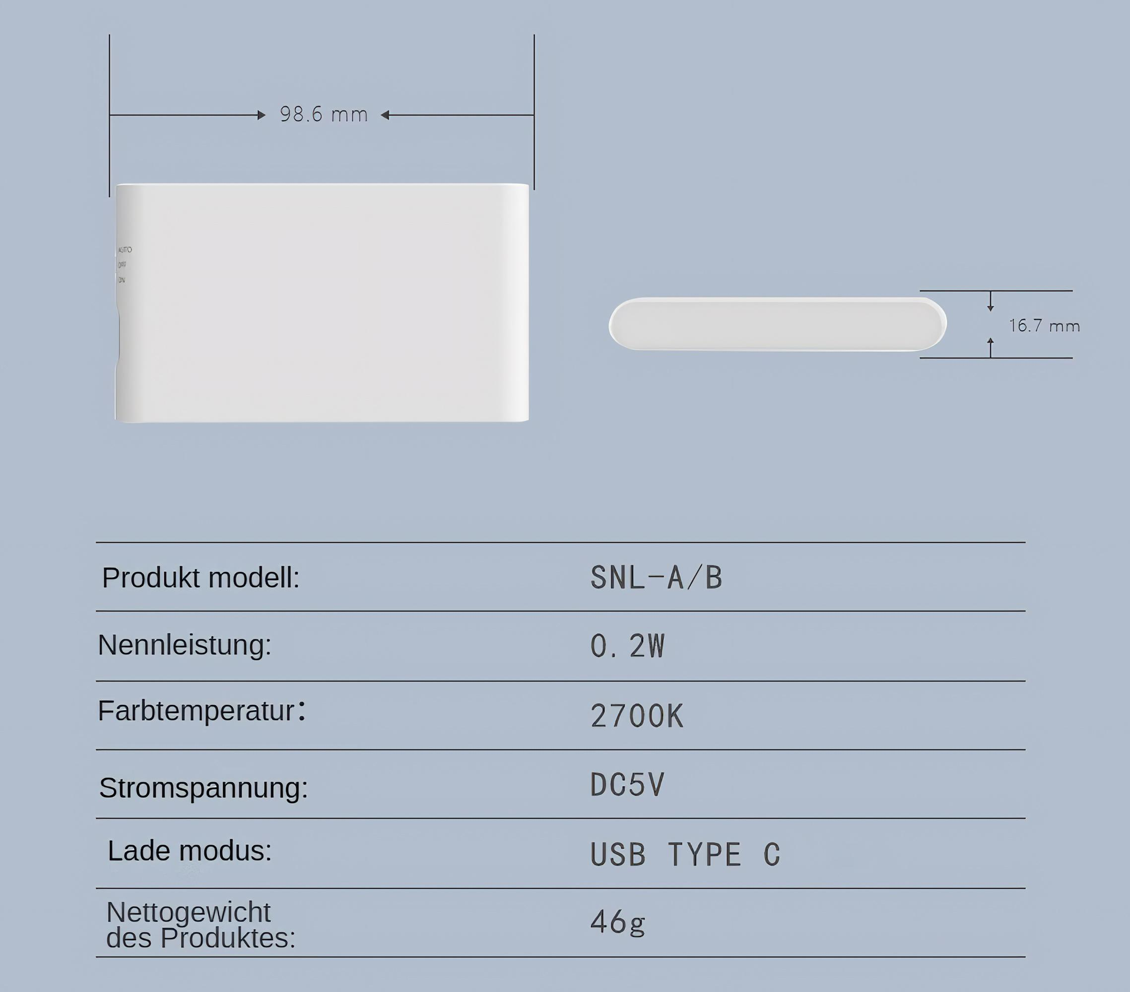 Weißes Gerät mit angezeigten Abmessungen. Textdetails: Produktmodell, Leistung, Farbtemperatur, Spannung, Lademodus und Nettogewicht.