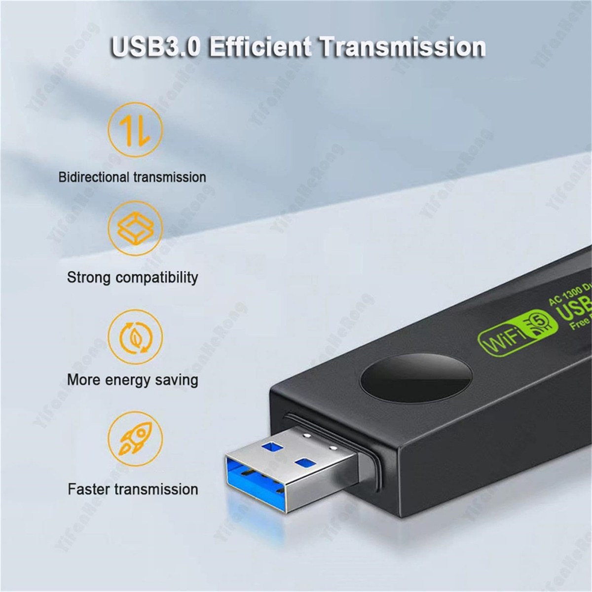 Schwarzer USB-WLAN-Adapter mit Symbolen für bidirektionale Übertragung, hohe Kompatibilität, Energiesparen und schnelle Übertragung.