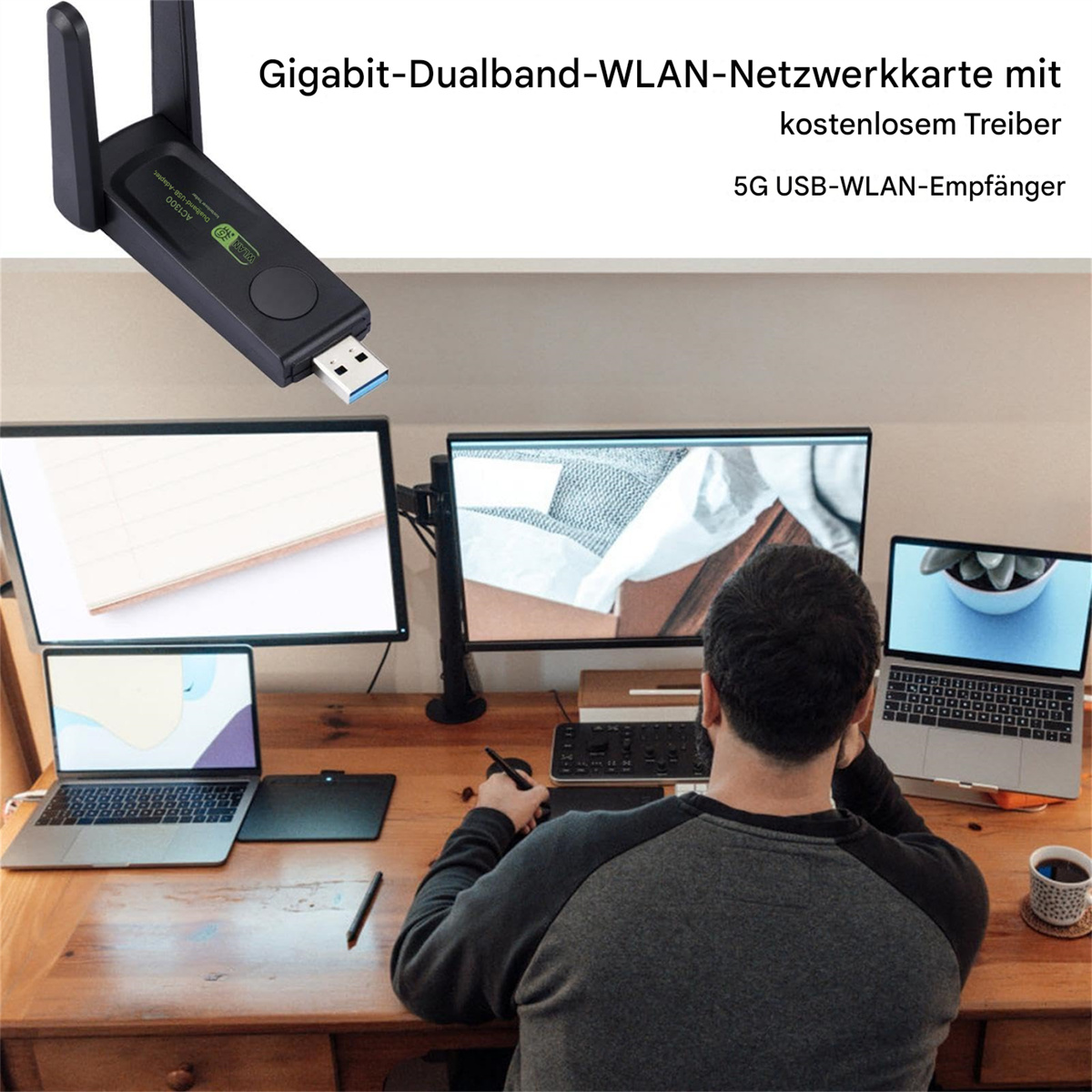 Eine Person sitzt an einem Schreibtisch mit einem Computer. Ein USB-WLAN-Adapter ist an den Computer angeschlossen. Symbole sind links.