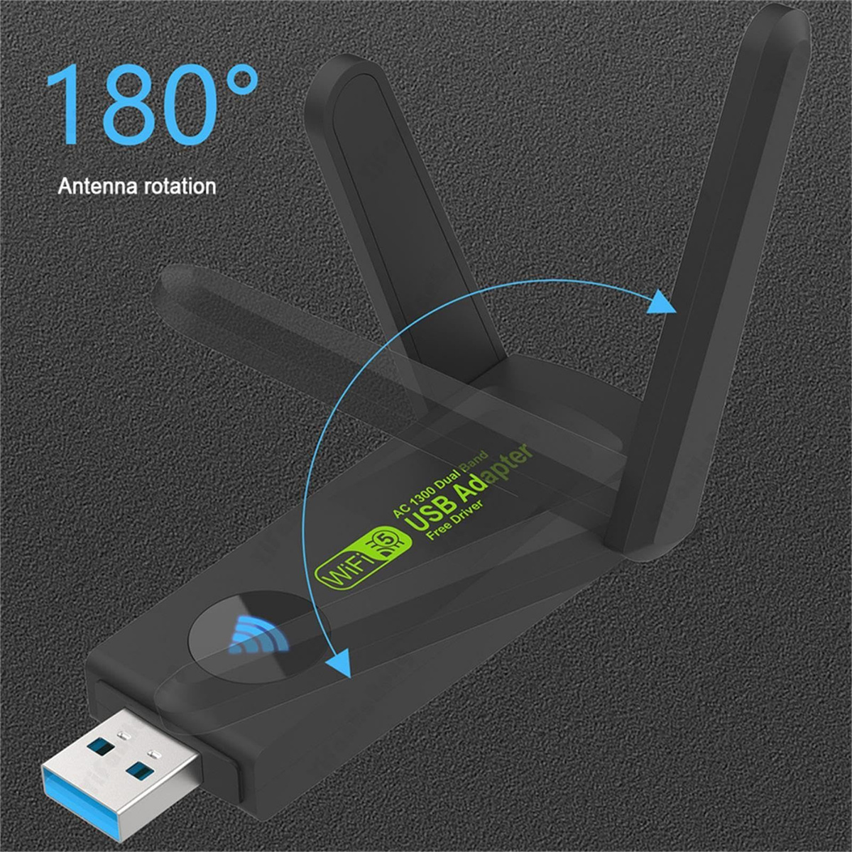 USB-WLAN-Adapter mit zwei verstellbaren Antennen. Der Adapter ist schwarz mit blauen Akzenten. Das Bild zeigt die Antennenrotation.
