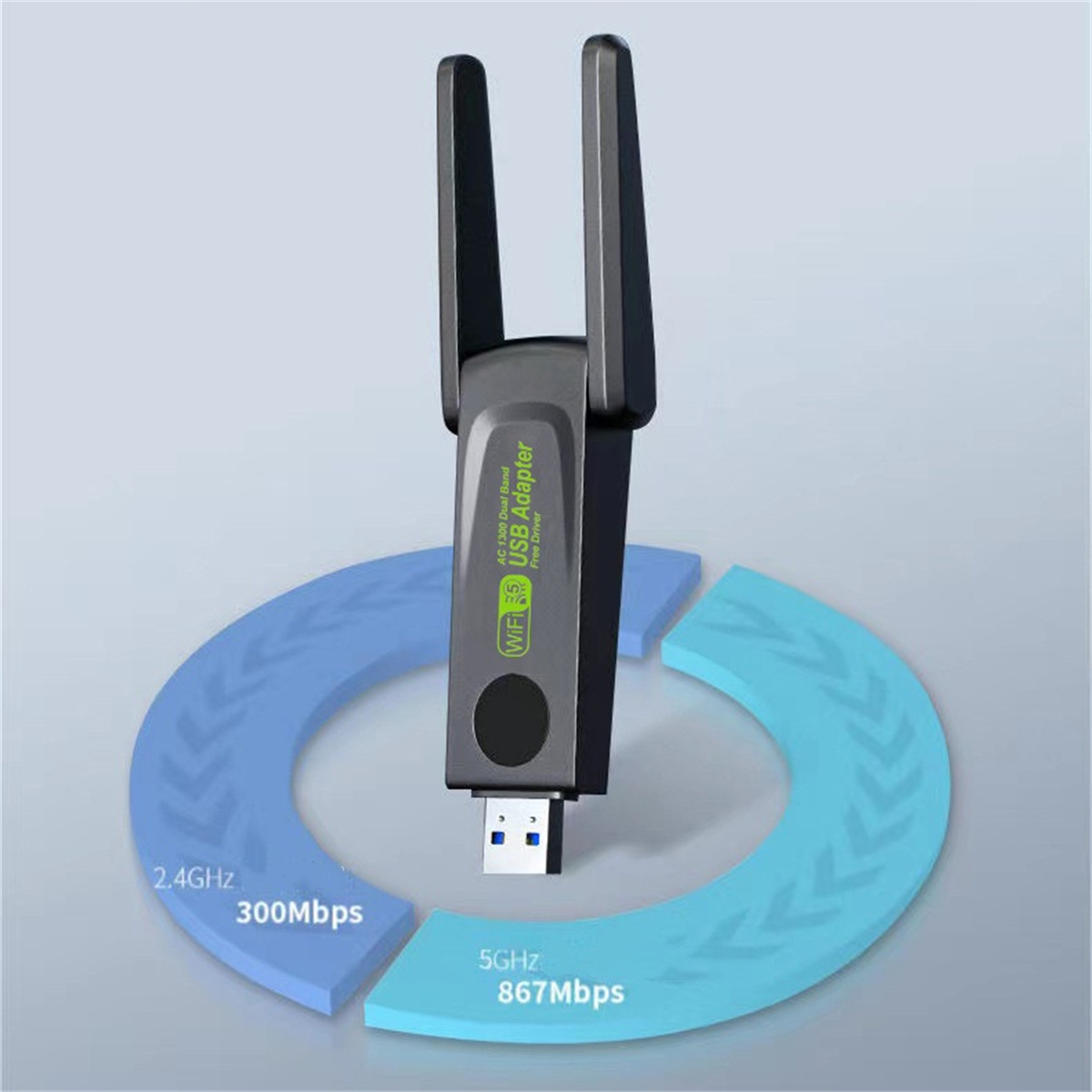 USB-WLAN-Adapter mit zwei Antennen und einer blau-hellblauen Grafik. Der Adapter ist schwarz mit einem USB-Anschluss.