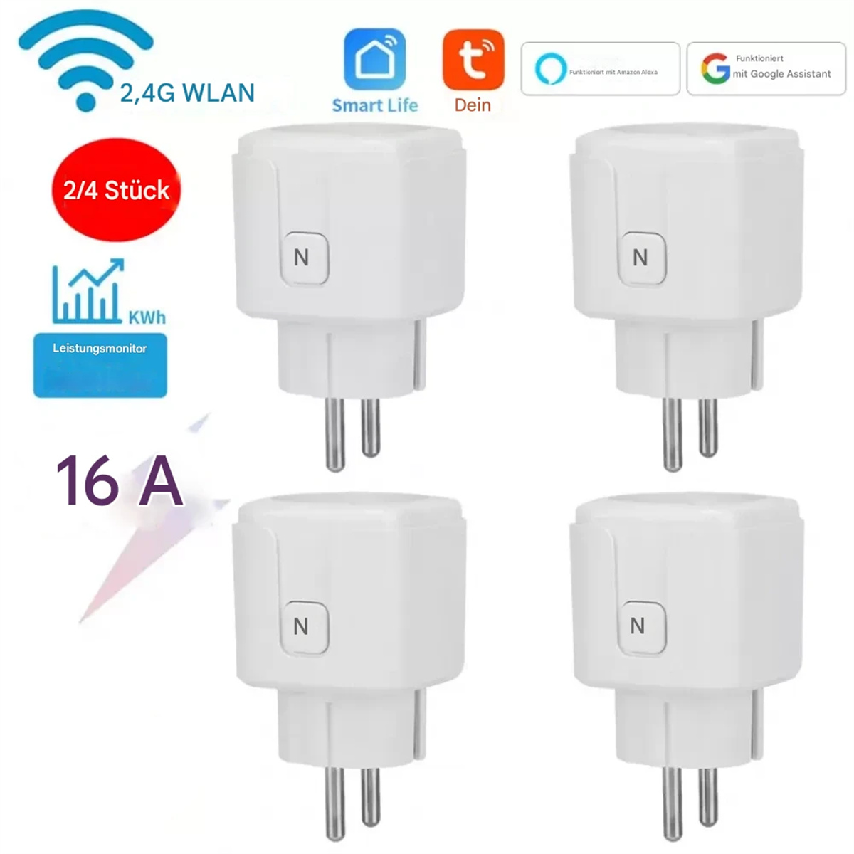Vier weiße Smart Plugs mit einem Ein-/Aus-Schalter-Symbol und dem Text: 2/4 Stück, 16 A. Die Stecker sind europäischer Bauart.