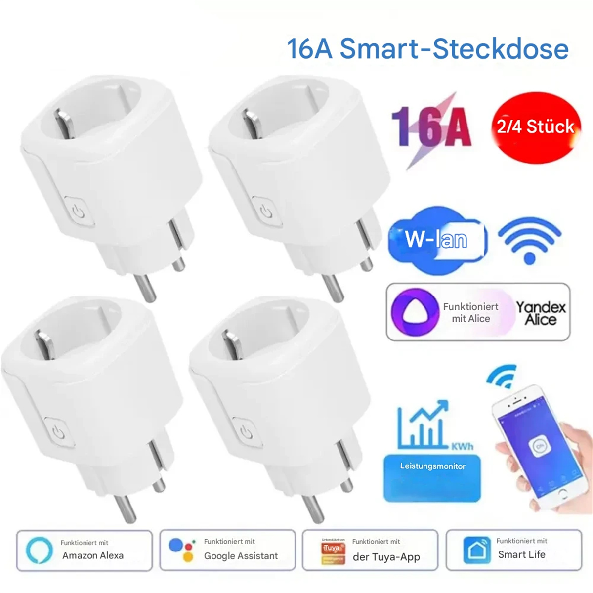 Vier weiße Smart-Stecker mit Ein/Aus-Taste. Text zeigt 16A, Wi-Fi und Sprachassistenten-Kompatibilität.