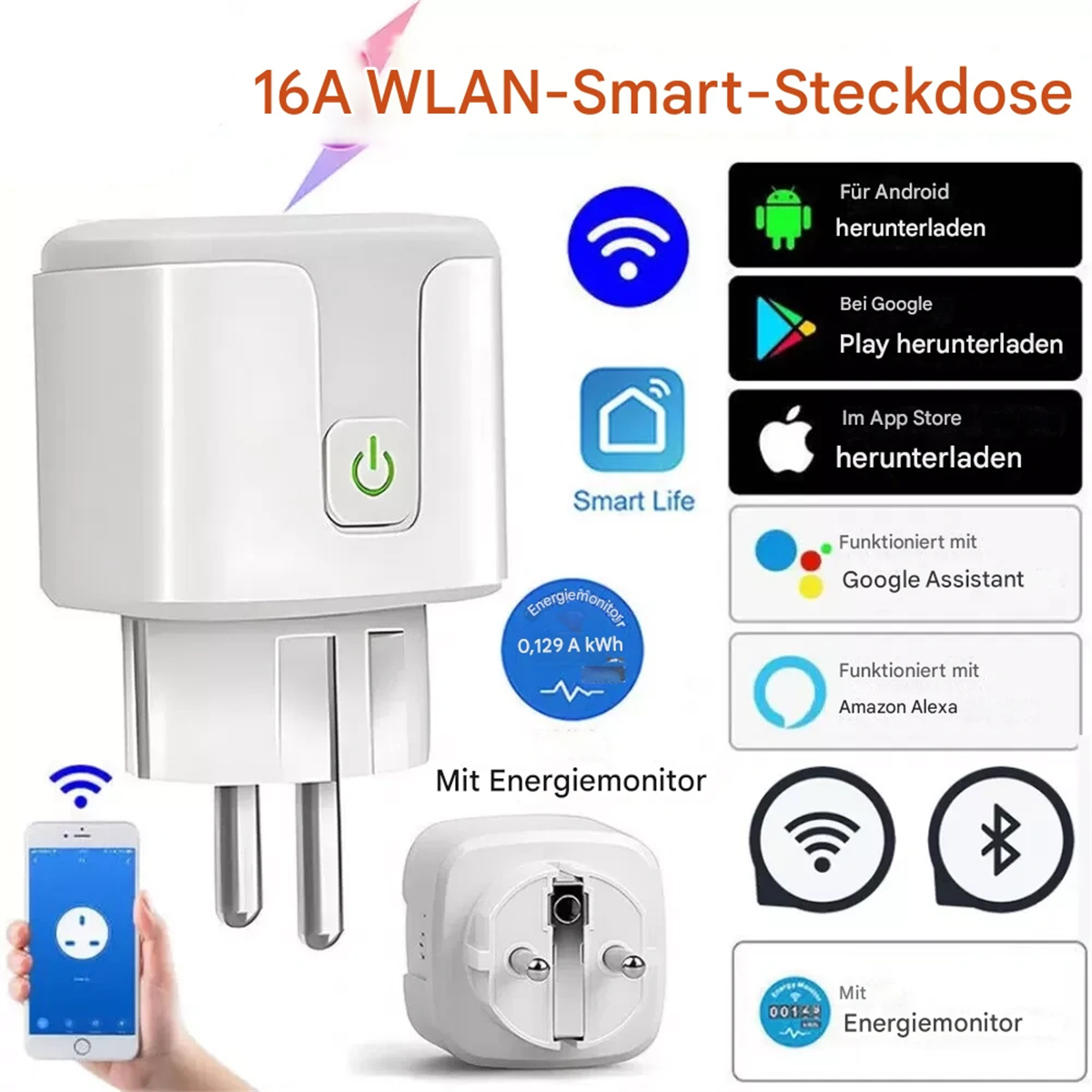 Ein weißer Smart-Stecker mit Ein/Aus-Taste, Energiemonitor und Symbolen für Wi-Fi und App-Integration.