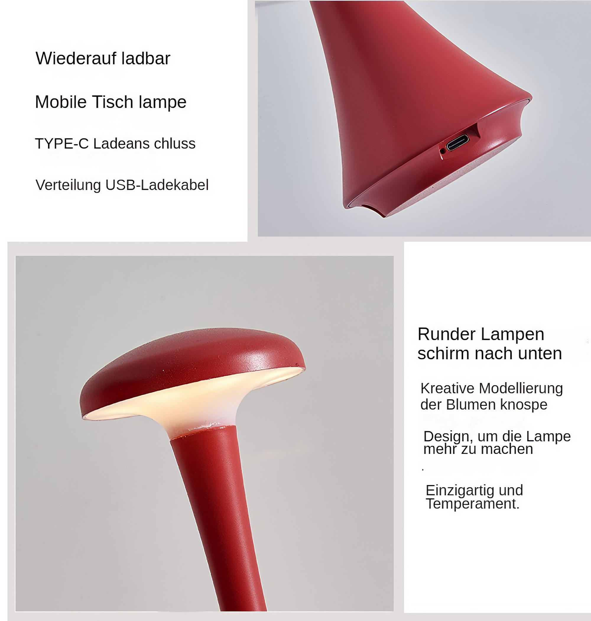 Nahaufnahmen einer roten Lampe. Details umfassen den Lampensockel und den USB-Ladeanschluss.