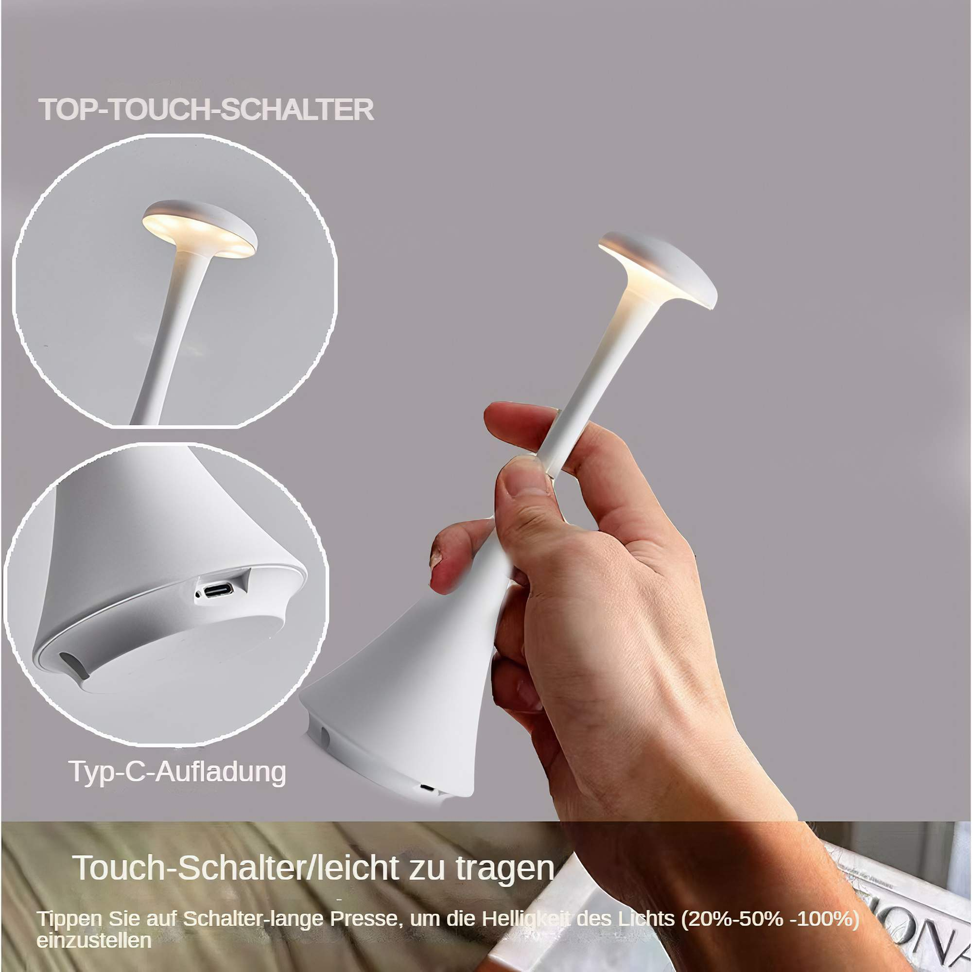 Eine weiße Lampe mit einem Berührungsschalter, in zwei Ansichten gezeigt, und eine Hand, die sie hält.