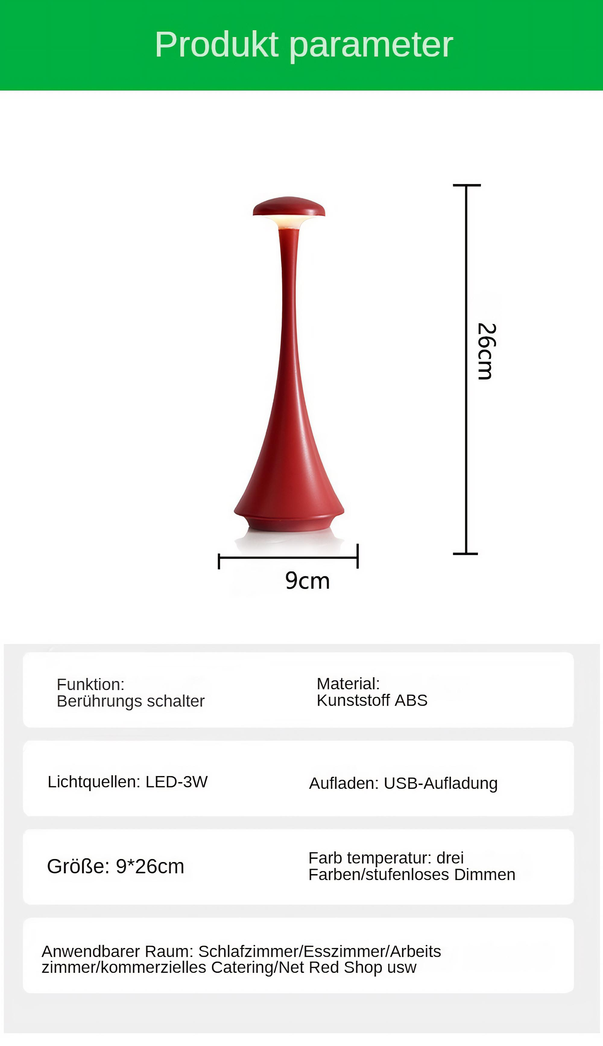 Produktparameter für eine rote Tischlampe. Zeigt Größe, Material, Lichtquelle und Anwendung.