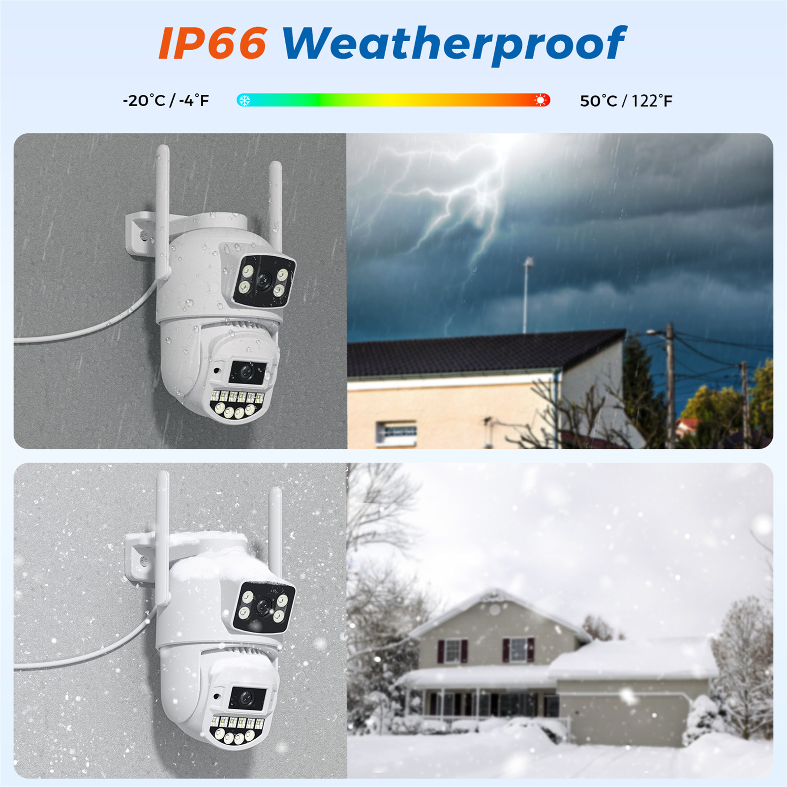 Zwei Sicherheitskameras bei unterschiedlichen Wetterbedingungen: Regen und Schnee. Text: IP66 Wetterfest.