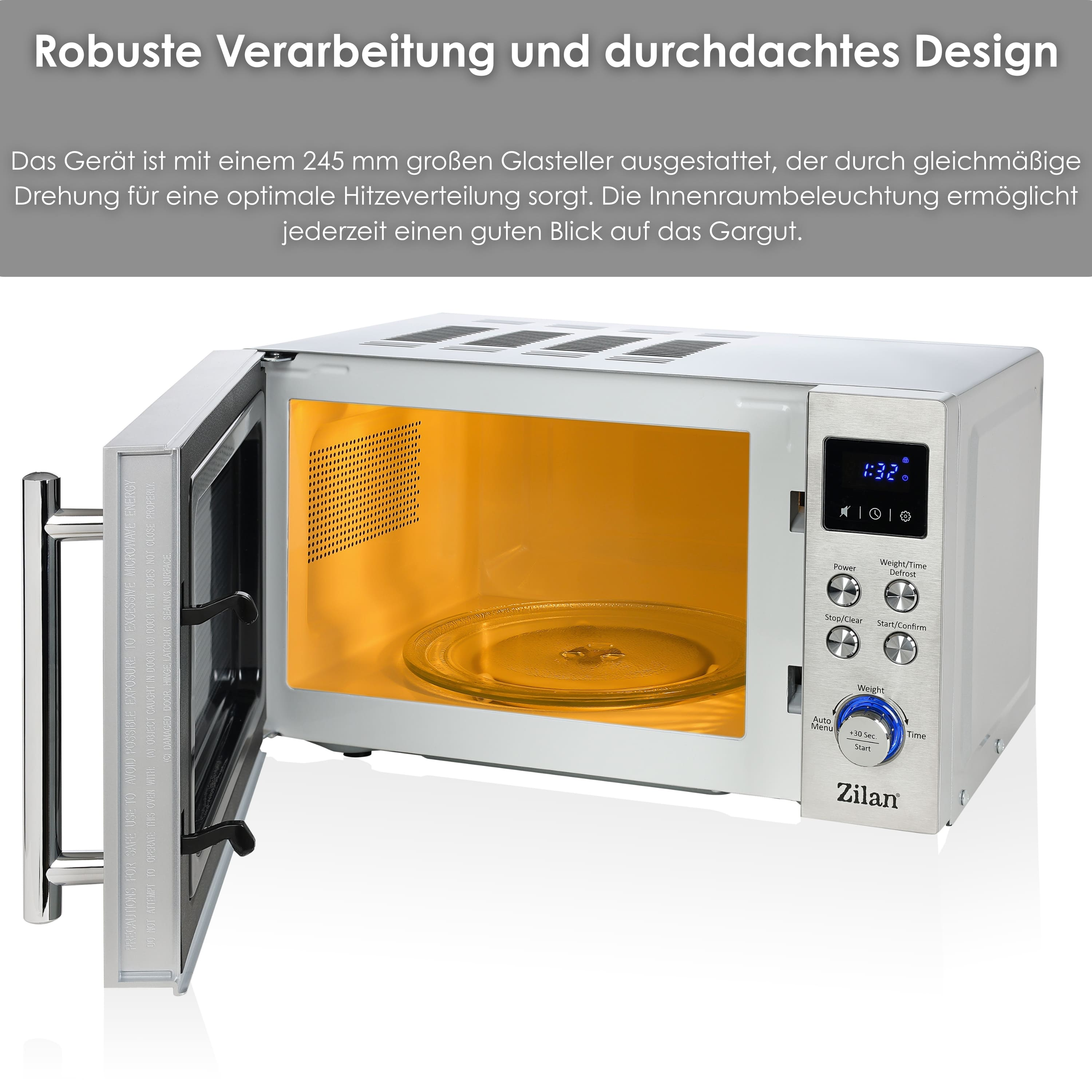 Mikrowelle mit offener Tür. Innenraum zeigt eine Glasplatte. Anzeige und Bedienfeld sichtbar.