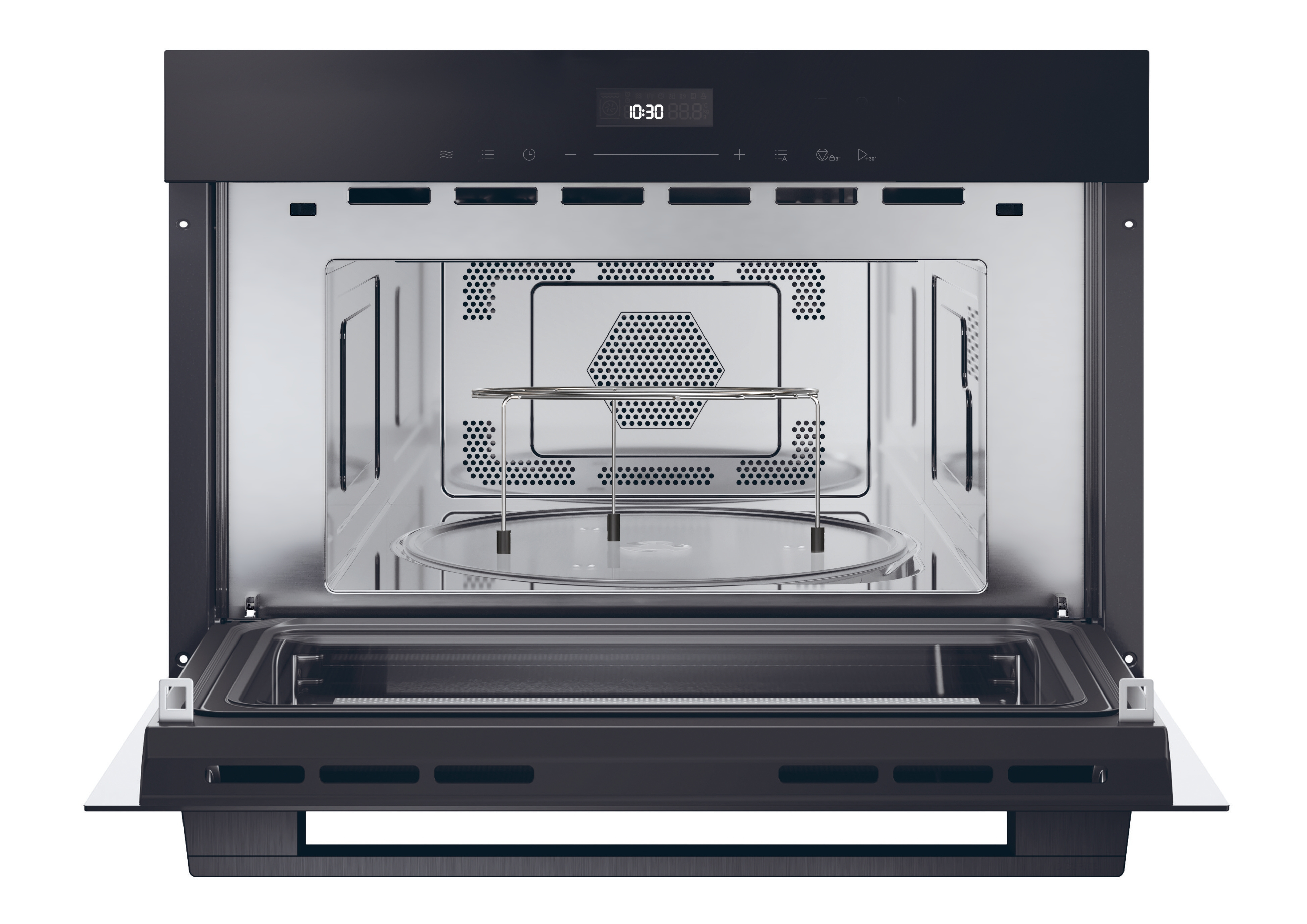 Un forno a microonde con la porta aperta, che mostra l'interno. Un display nero in alto.