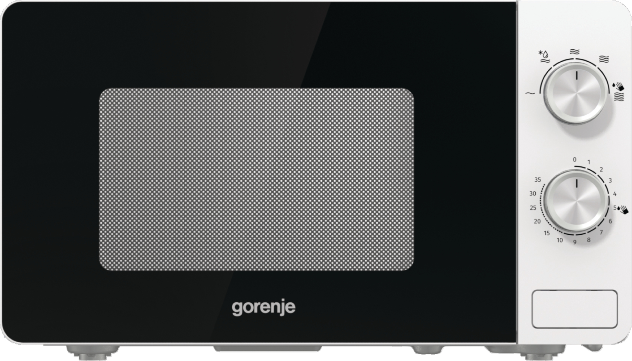 Biała kuchenka mikrofalowa z czarnymi drzwiami. Panel sterowania po prawej. Logo Gorenje na dole.