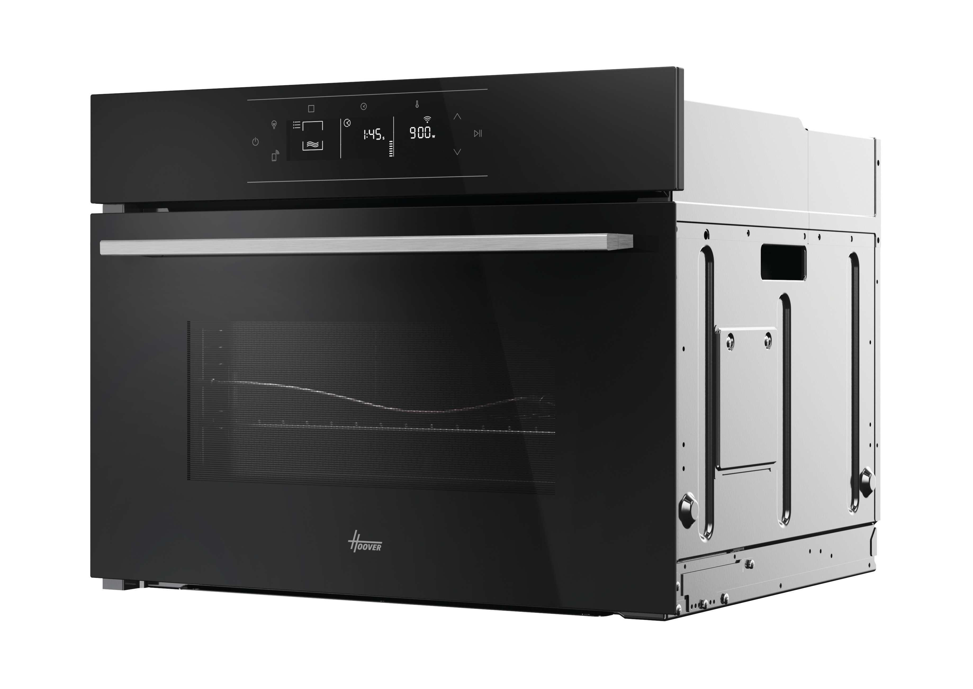 Forno Hoover nero. Vista laterale, isolato su bianco. Display digitale, design moderno, fianchi in acciaio inox.
