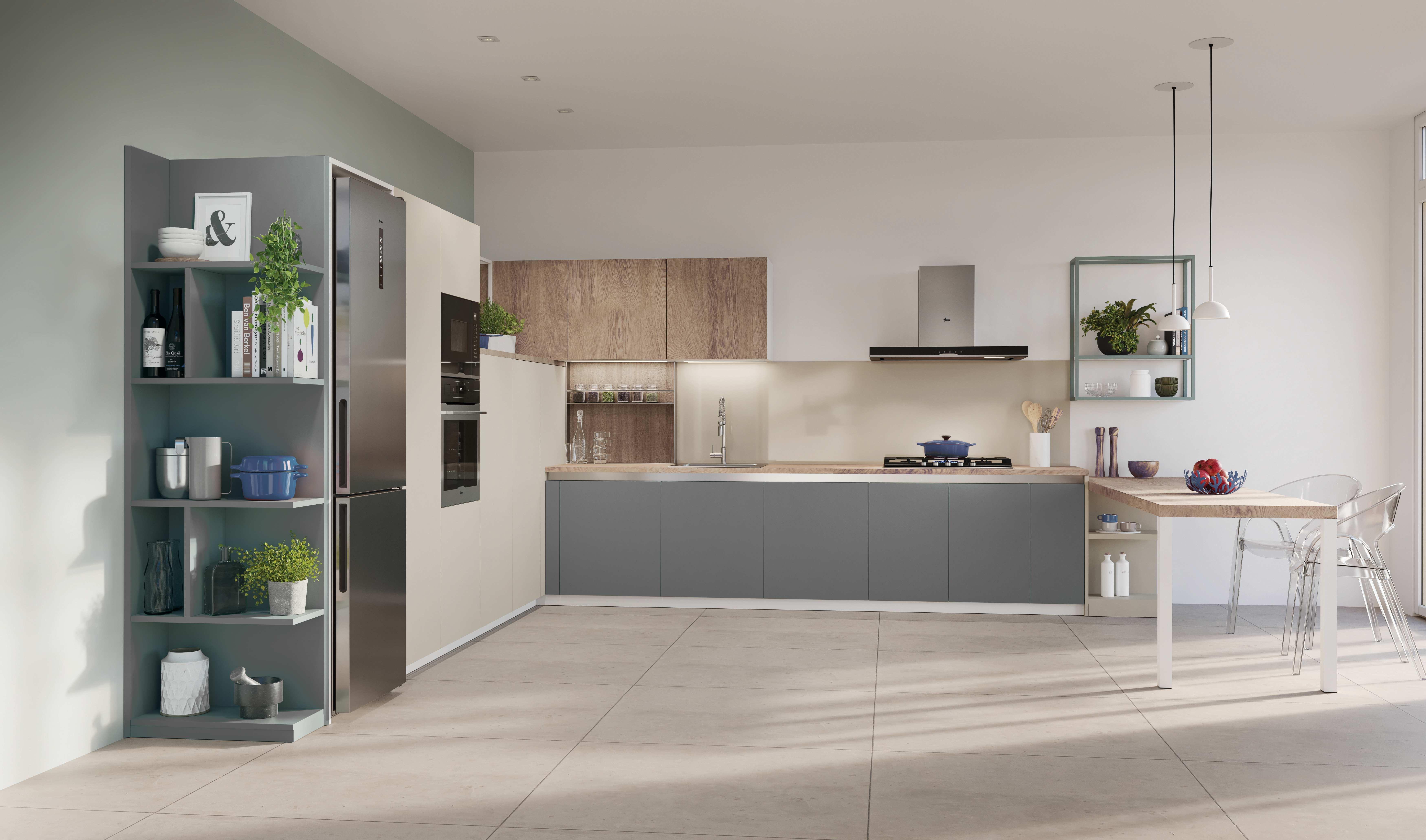 Interior de cocina moderna con paredes blancas, gabinetes de madera y electrodomésticos de acero inoxidable. Incluye estanterías y una mesa de comedor.