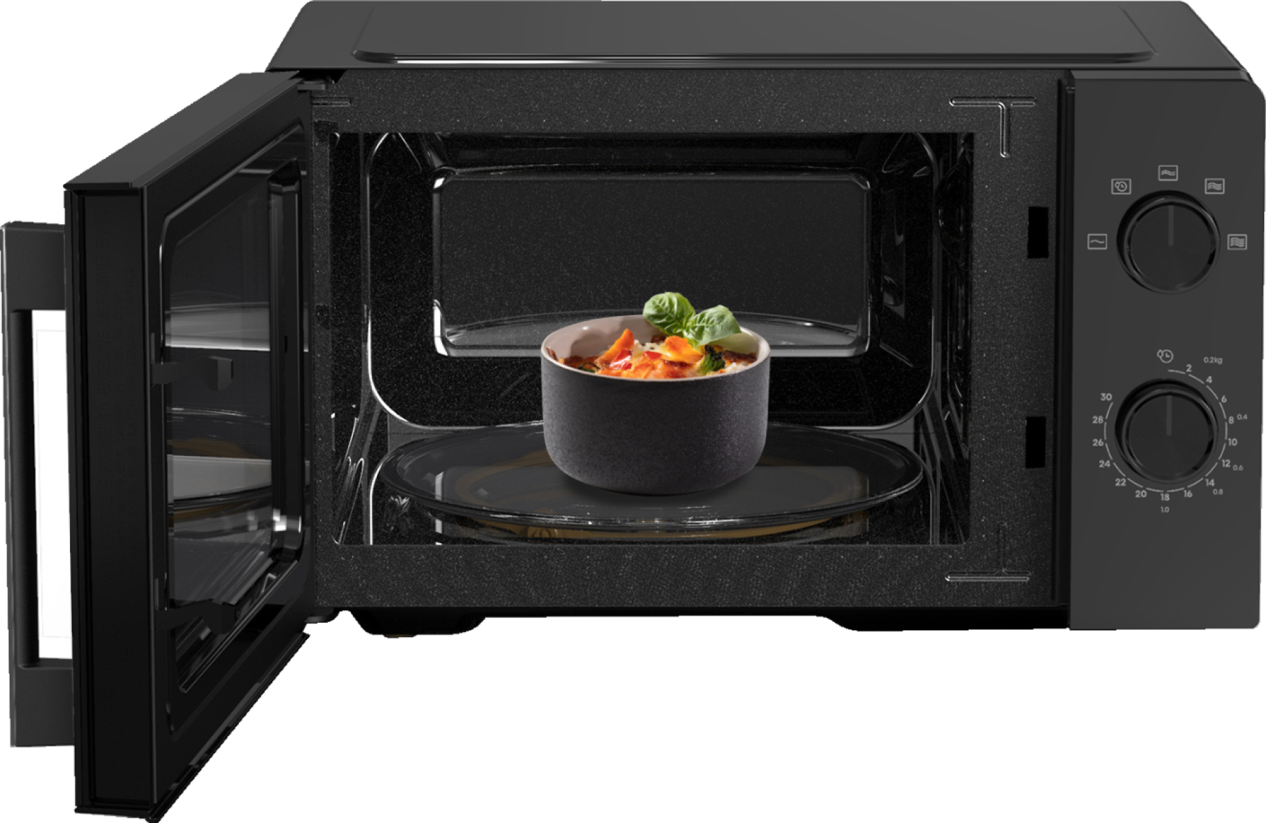 Czarna kuchenka mikrofalowa, otwarte drzwi, miska z jedzeniem w środku, na szklanym talerzu.
