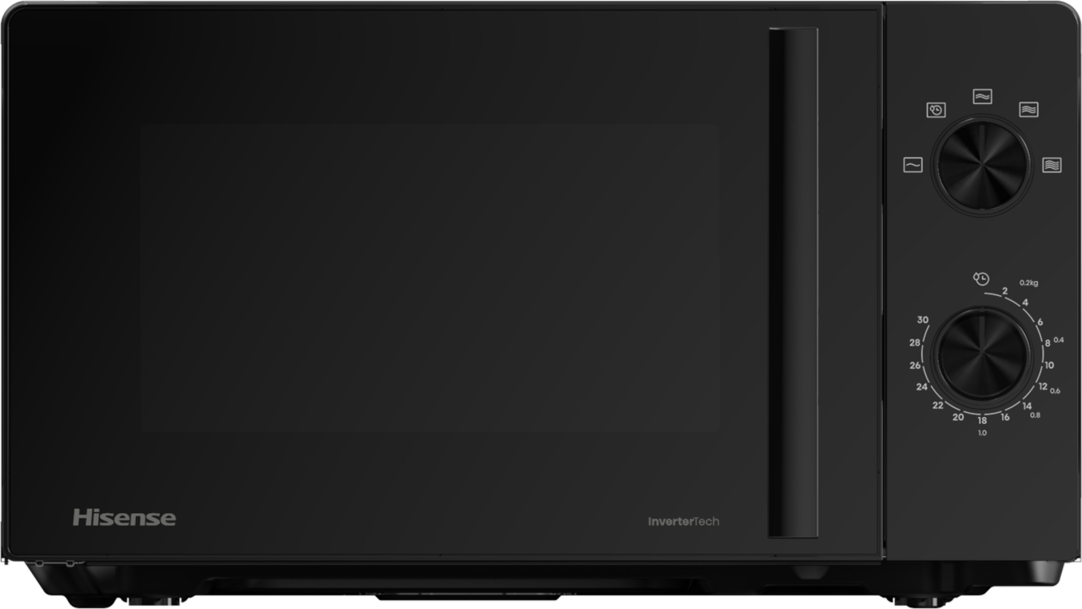 Czarna kuchenka mikrofalowa Hisense, widok z przodu, elementy sterujące po prawej.