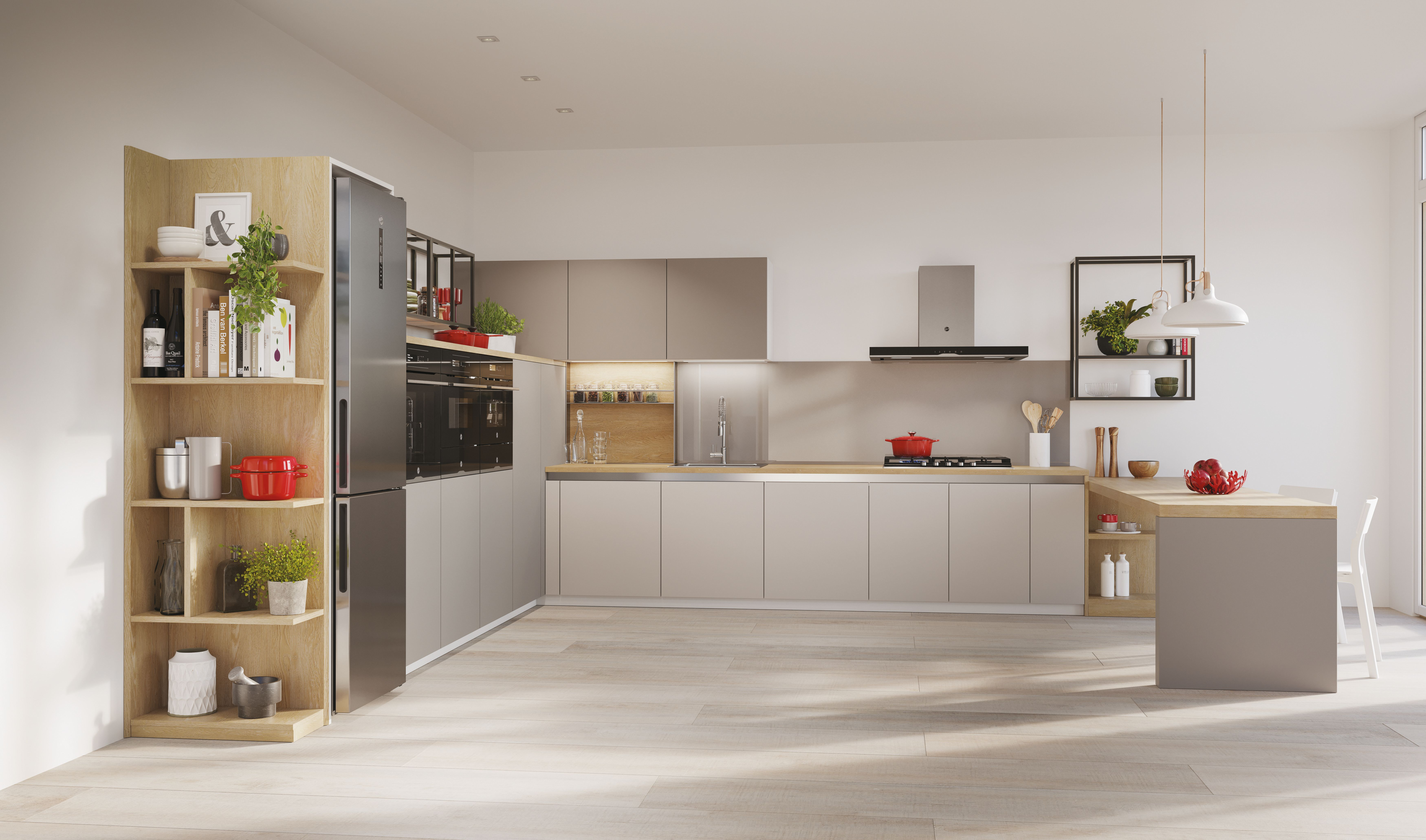 Una cucina moderna con frigorifero, forno e isola. Mensole in legno e pavimenti chiari.