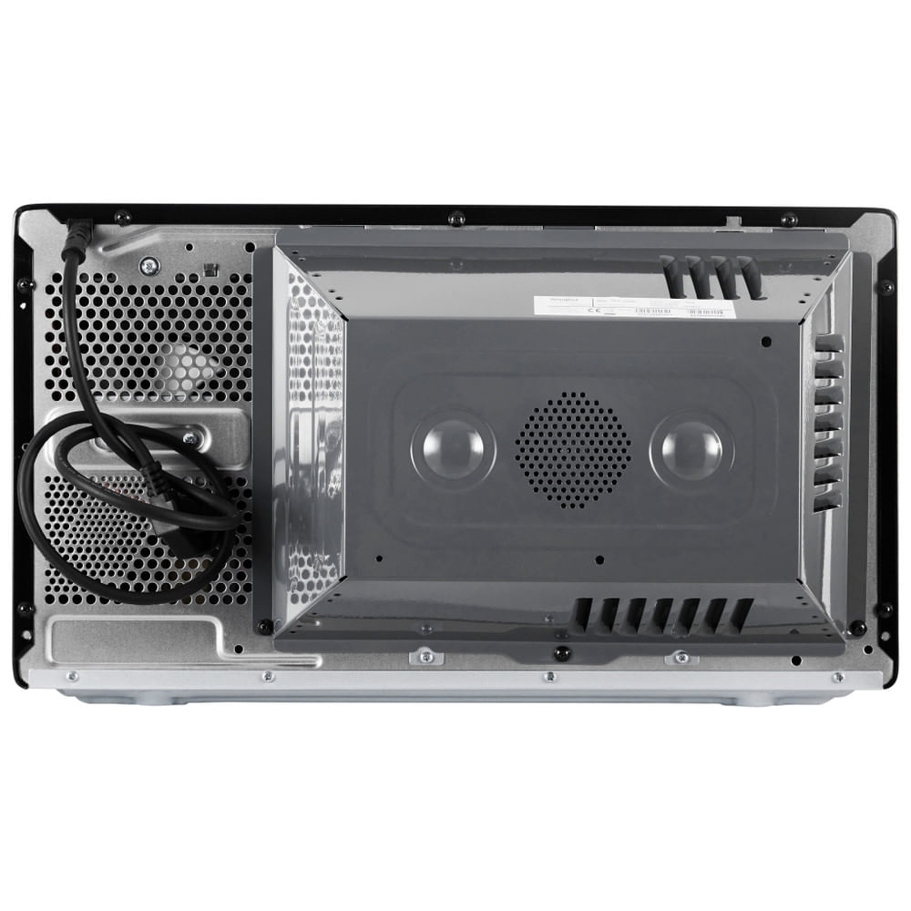 Back view of a microwave, showing vents, a metal panel, and a power cord. The inside is visible.