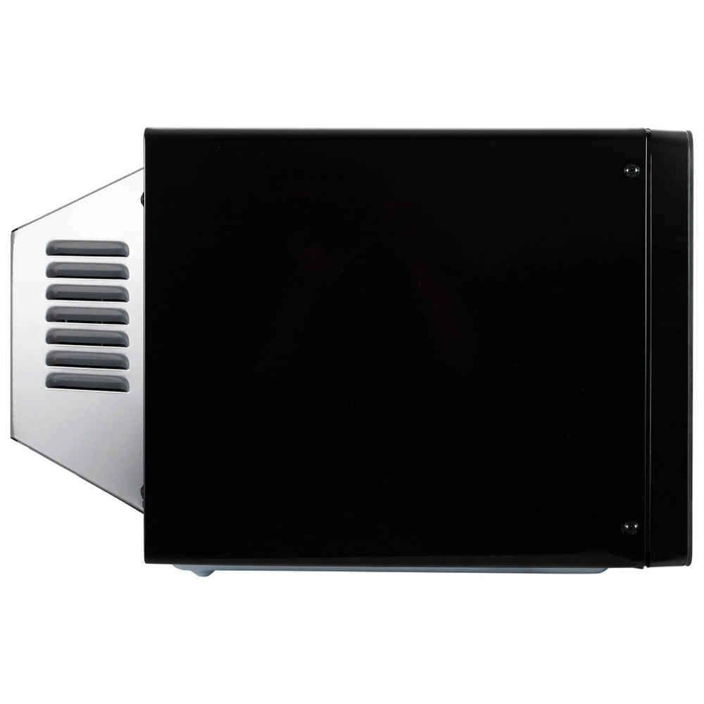 Side view of a black microwave with a silver vent on the side. The appliance is black.