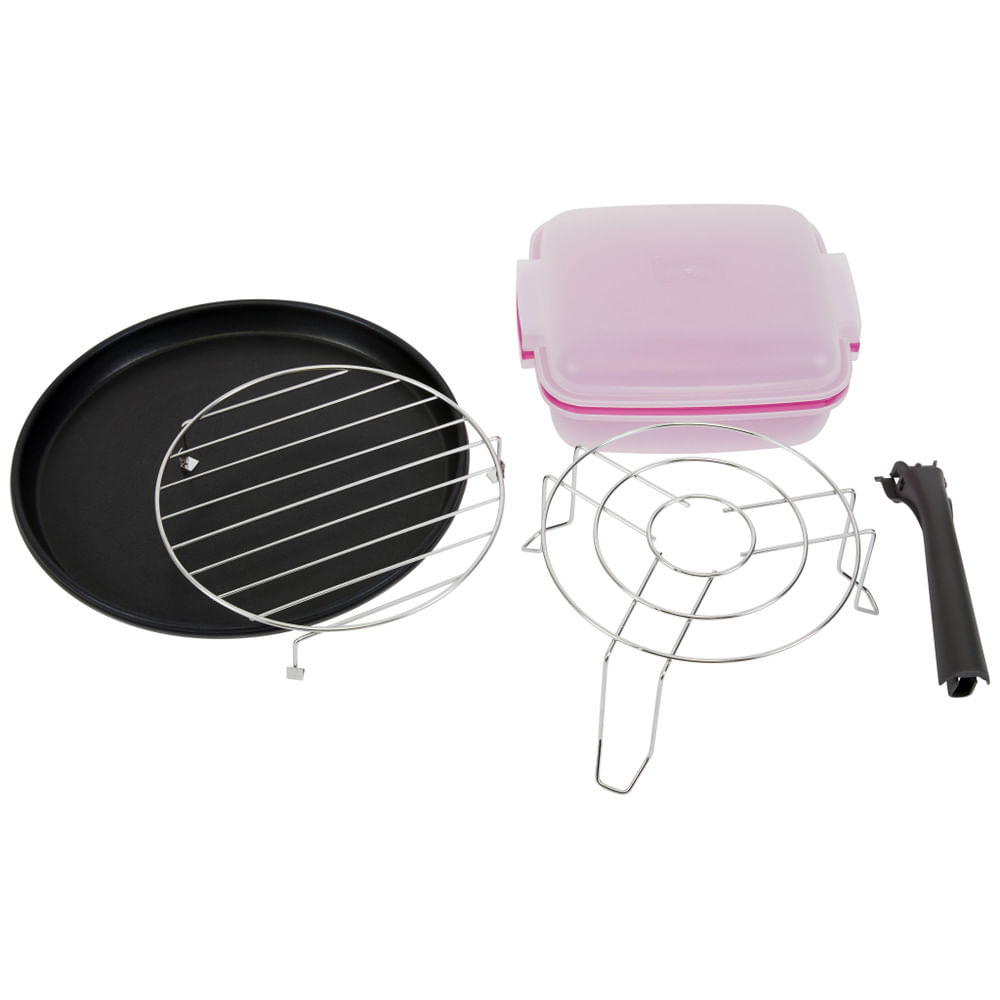 Microwave accessories: a black plate, a wire rack, a pink container, another wire rack, and a handle.