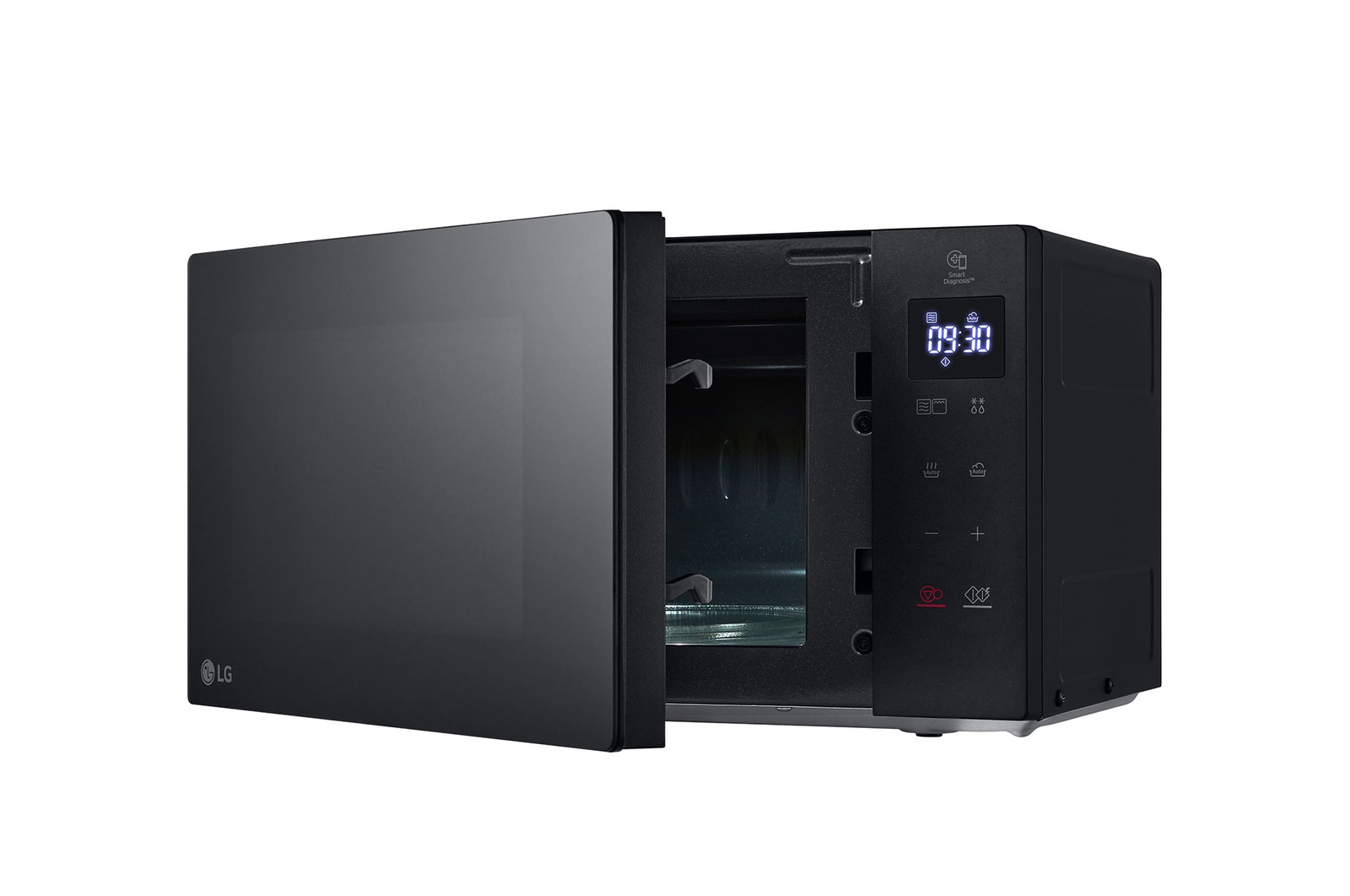 A black LG microwave oven with the door open. The control panel and the time are visible.