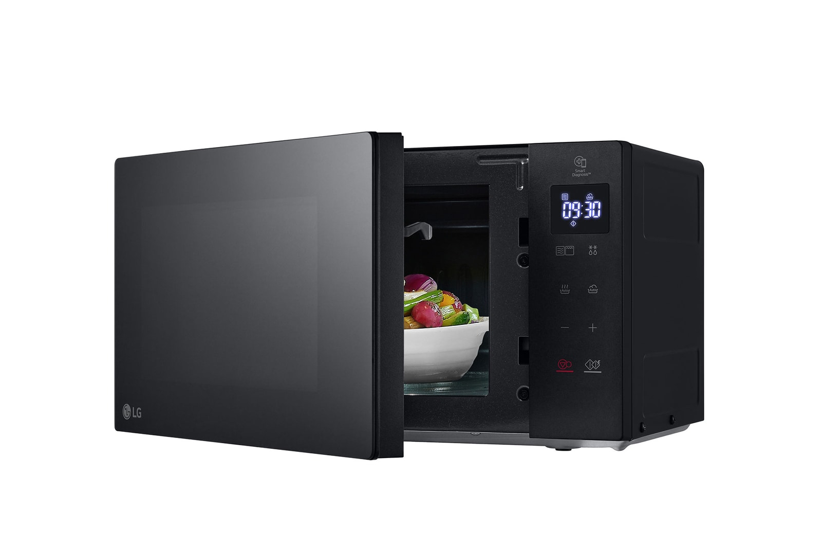 Black microwave with open door. Bowl of food inside. Digital display shows the time.