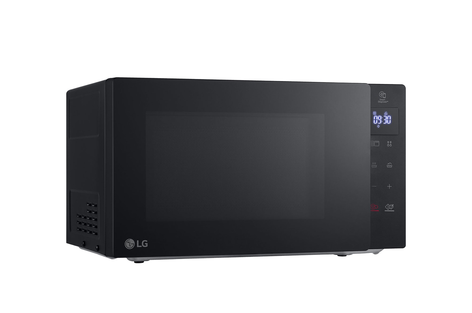 Black microwave with LG logo. Digital display shows the time. Control panel on the right.