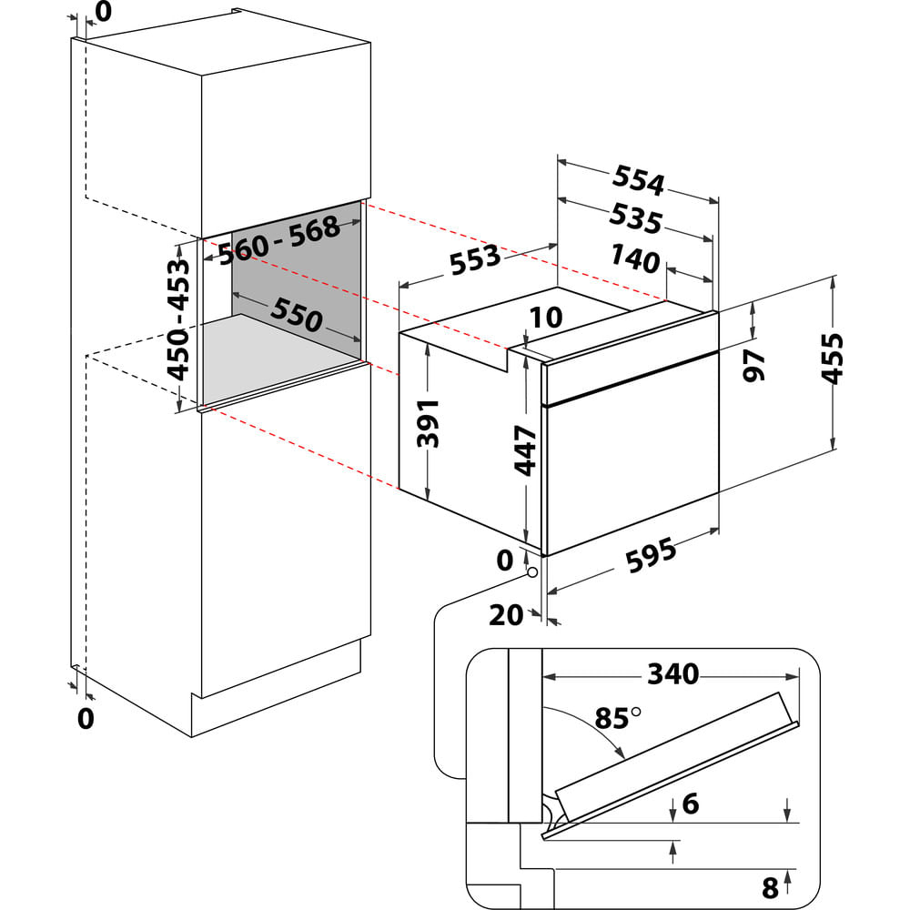 Un dibujo técnico de un horno microondas, que muestra las dimensiones y los detalles de la instalación en un armario.