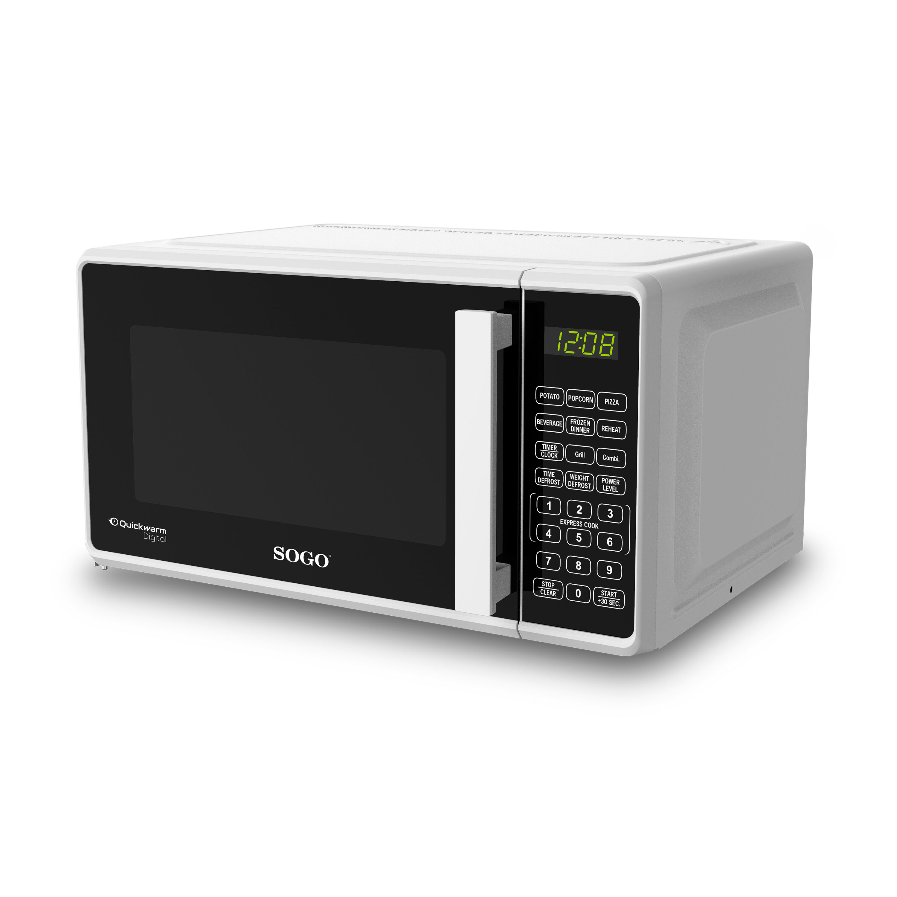 Microondas blanco con puerta negra, pantalla muestra 12:08, botones a la derecha.
