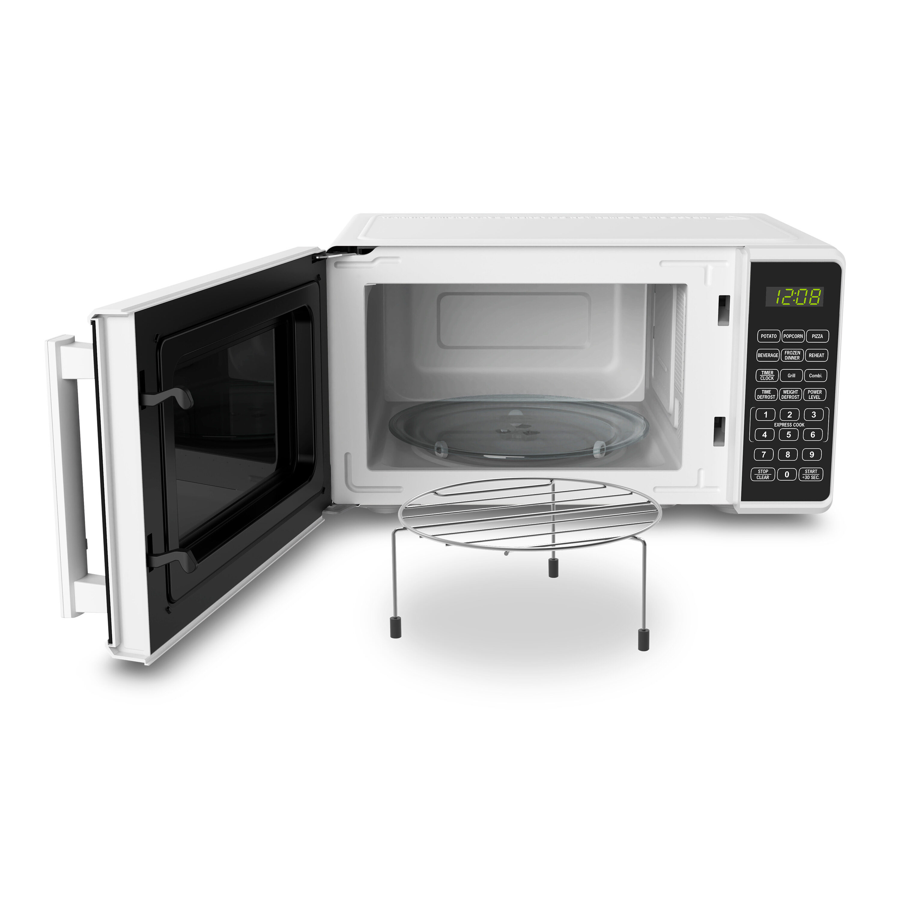 Microondas blanco con puerta abierta, mostrando el interior con plato de vidrio, rejilla y panel.