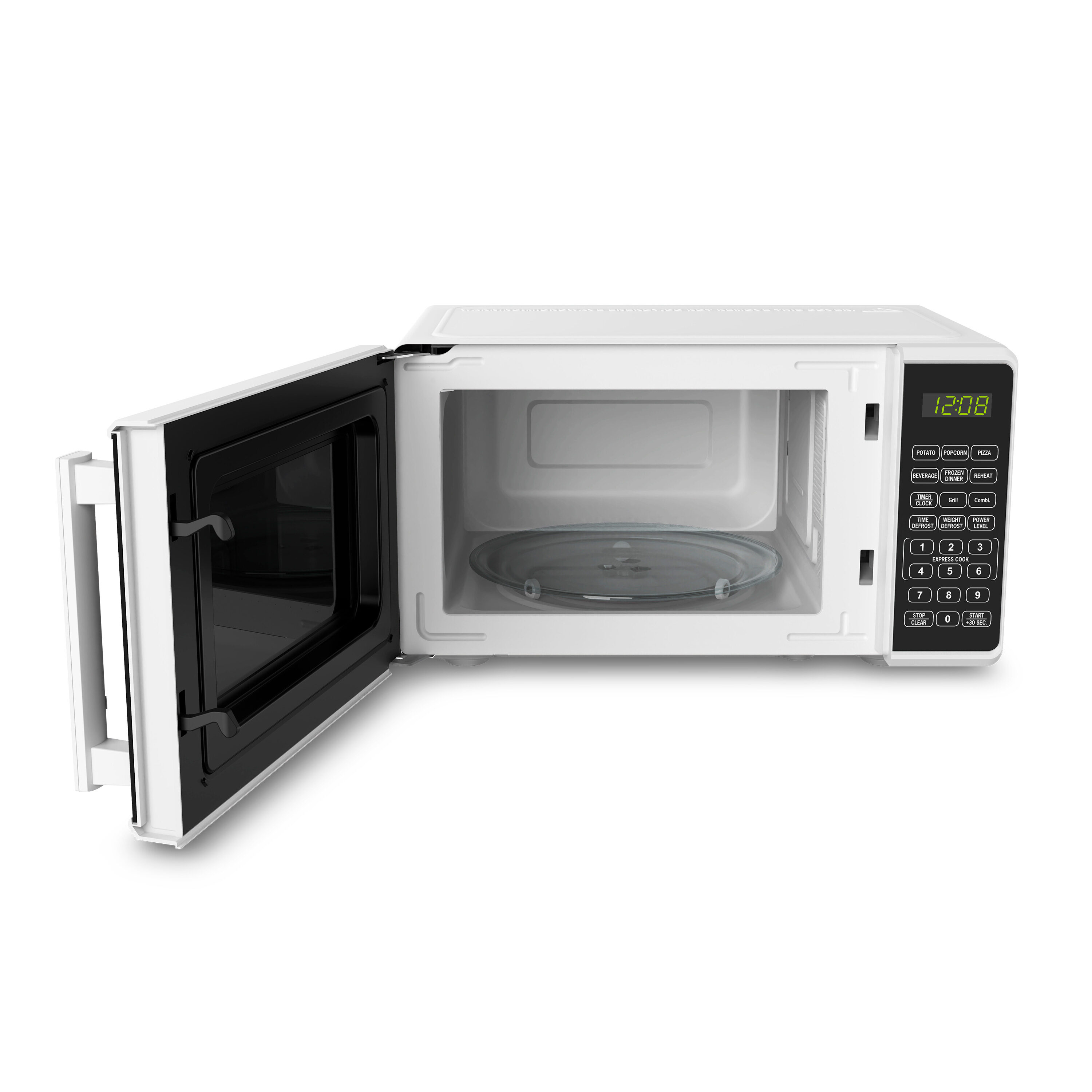 Microondas blanco con puerta abierta, mostrando el interior con plato de vidrio y controles.