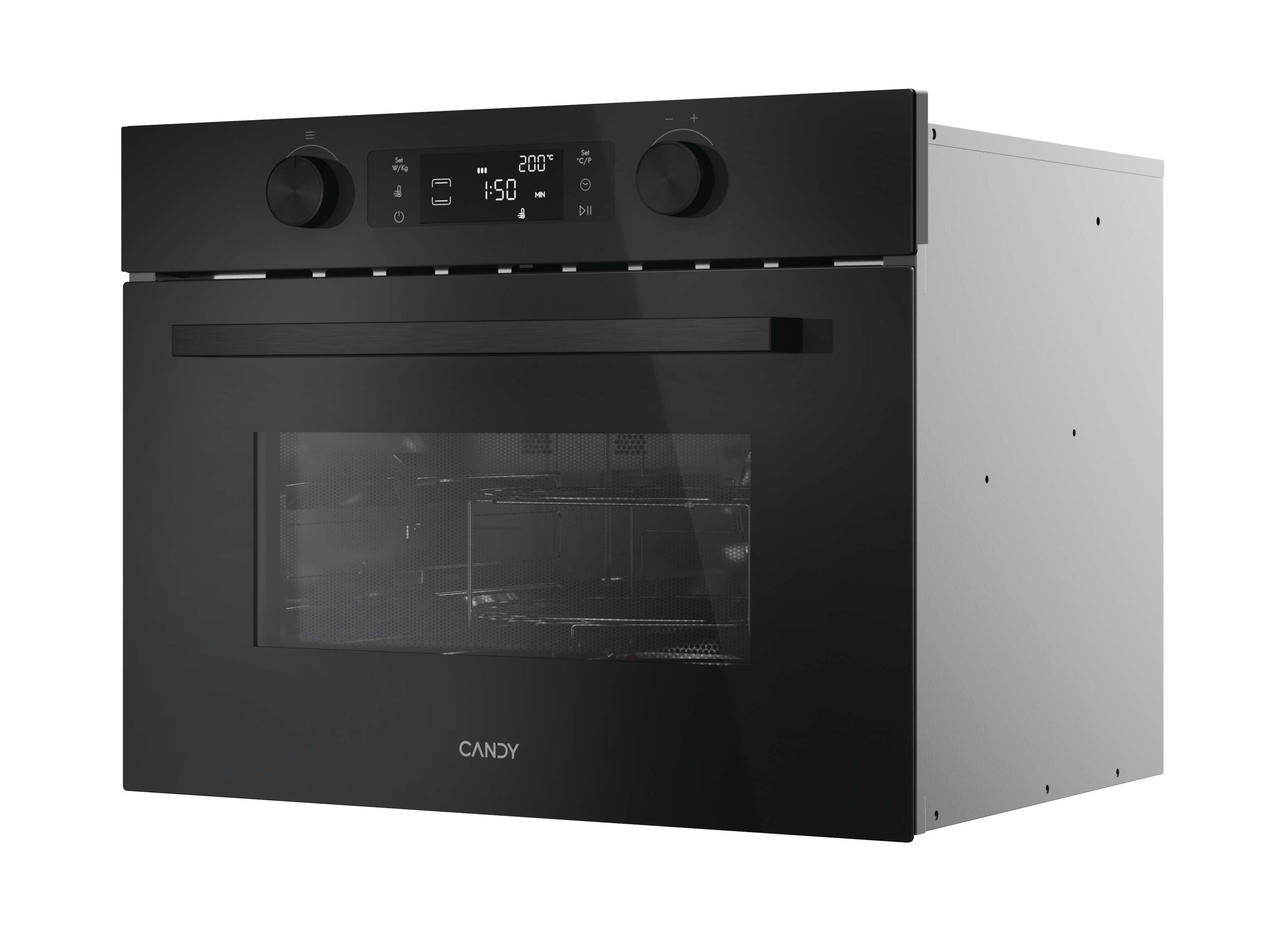 Un forno a microonde nero con il marchio Candy e un display digitale. Il forno è inclinato verso destra.