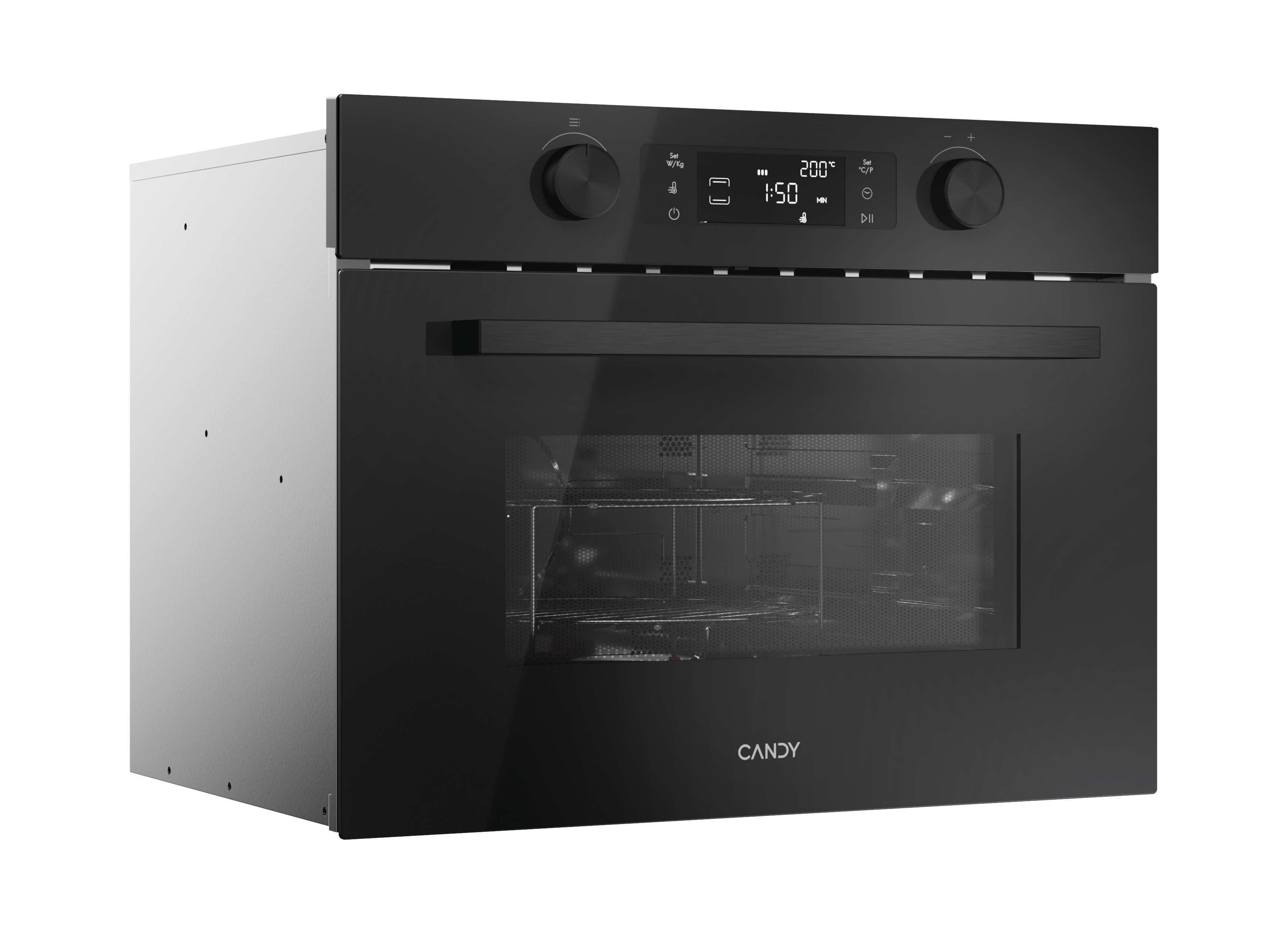 Un forno a microonde nero del marchio Candy. Il forno ha un display digitale ed è inclinato a sinistra.