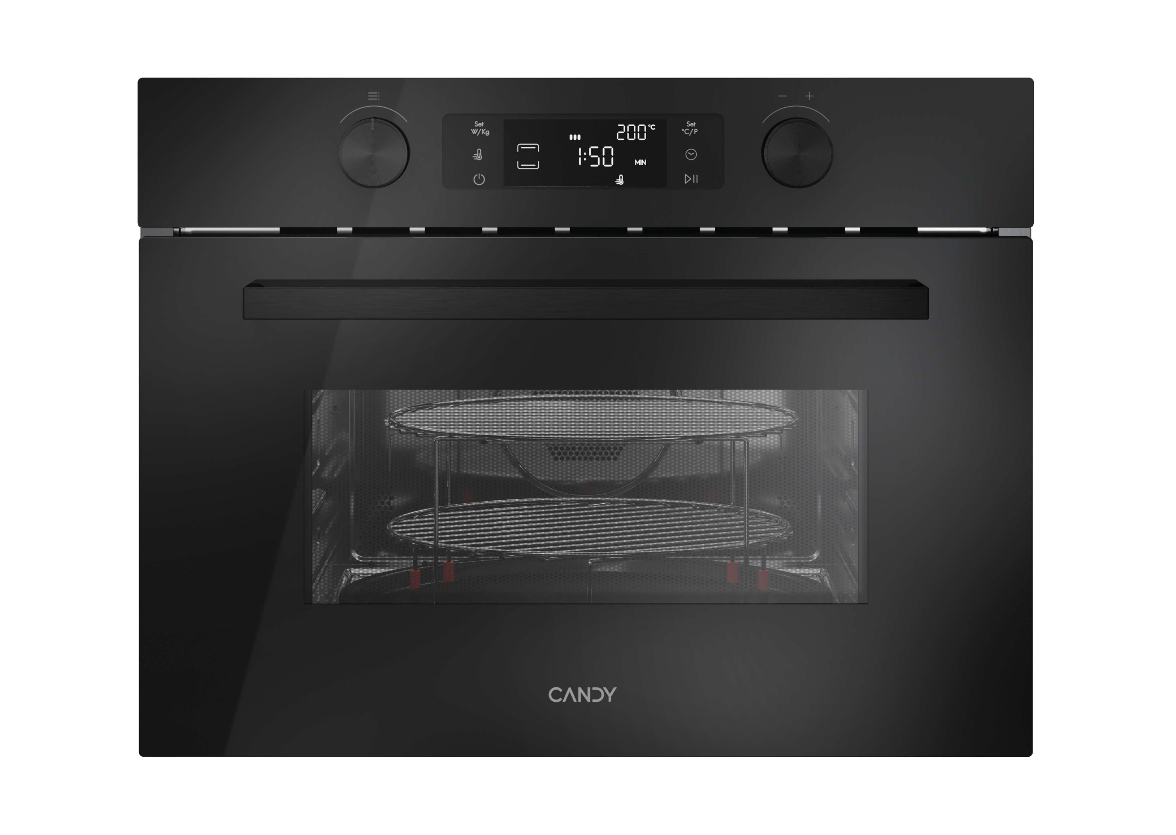 Un forno a microonde nero con il marchio Candy. Il forno ha un display digitale e due manopole di controllo.