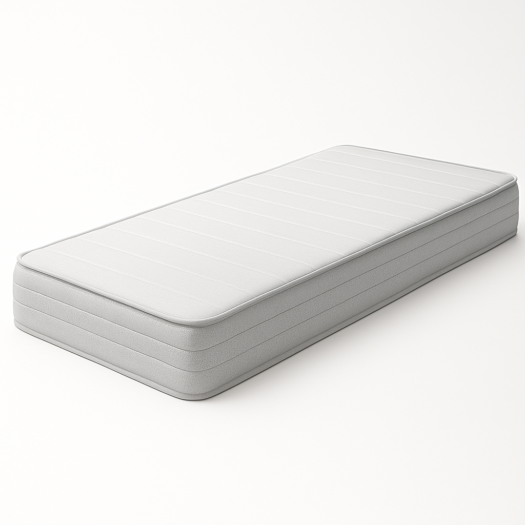 Un colchón rectangular blanco con ribete gris. La parte superior tiene líneas horizontales. Fondo blanco.