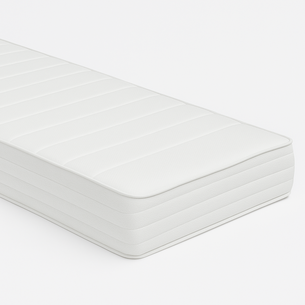 Primer plano de un colchón blanco, vista detallada de la superficie superior con líneas horizontales sutiles.