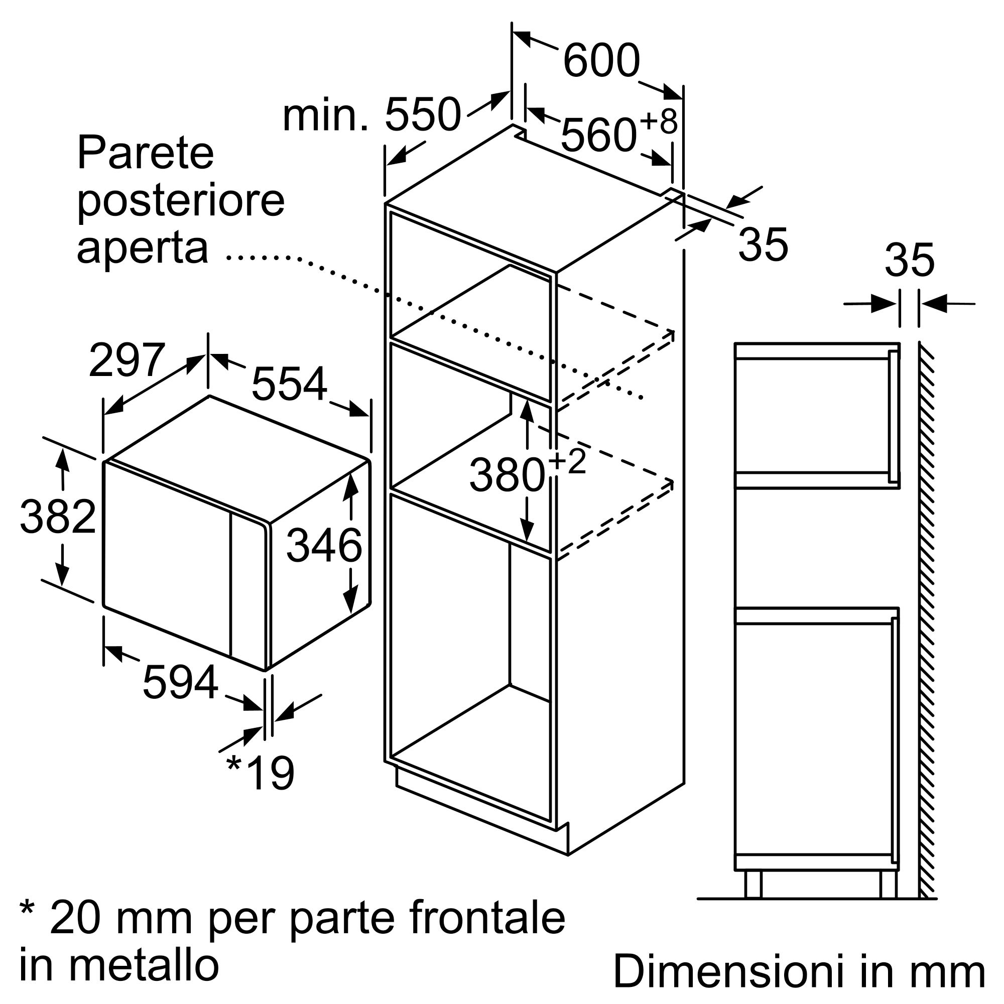 Diagramma che mostra dimensioni e misure di un forno a microonde in mm.