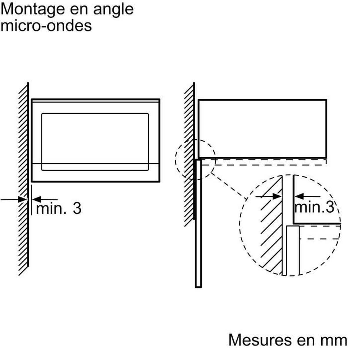 Diagrama que muestra el espacio mínimo necesario para la instalación de un microondas en esquina, etiquetado en francés.