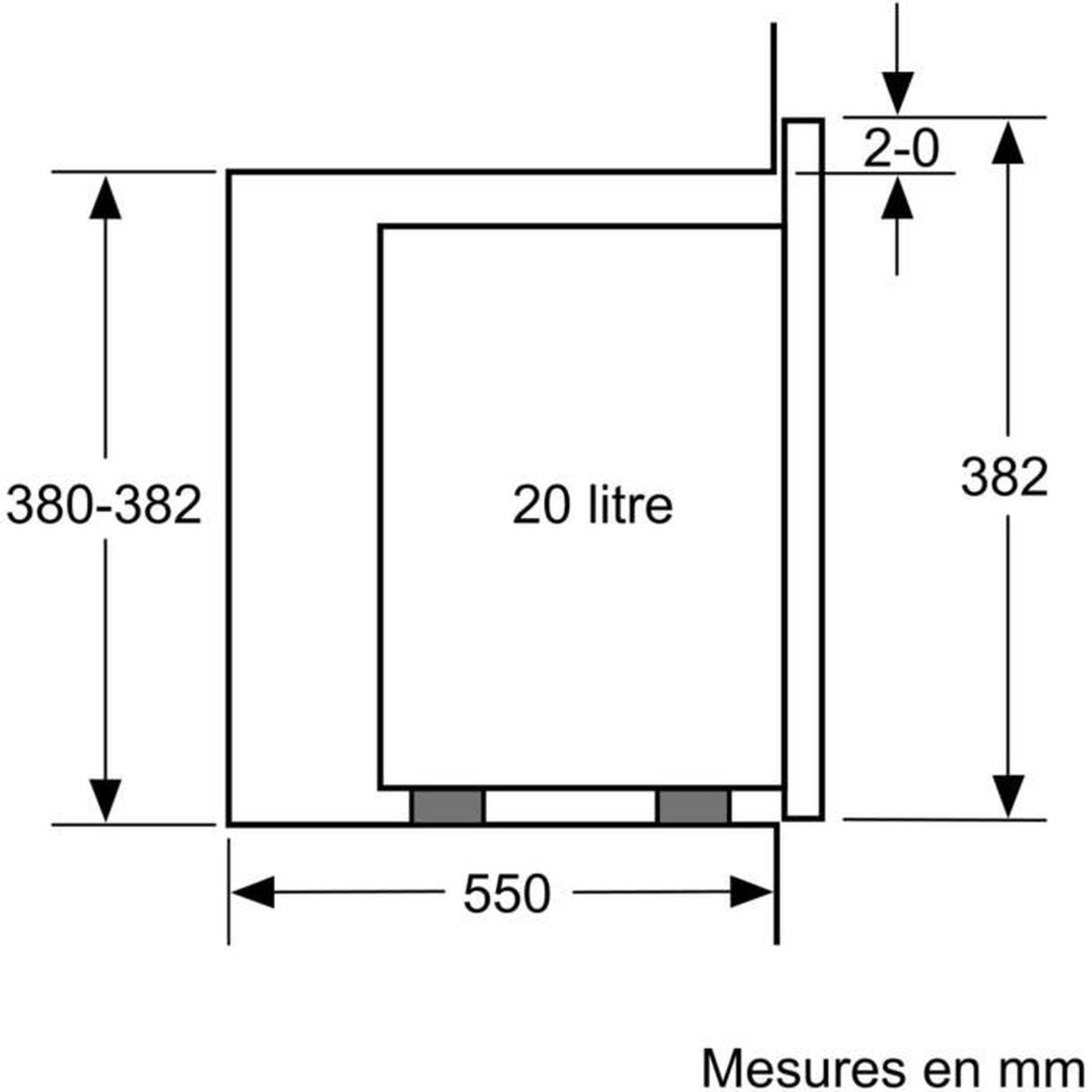 Un dibujo técnico de un microondas empotrado, que muestra las dimensiones en milímetros y la capacidad de 20 litros.