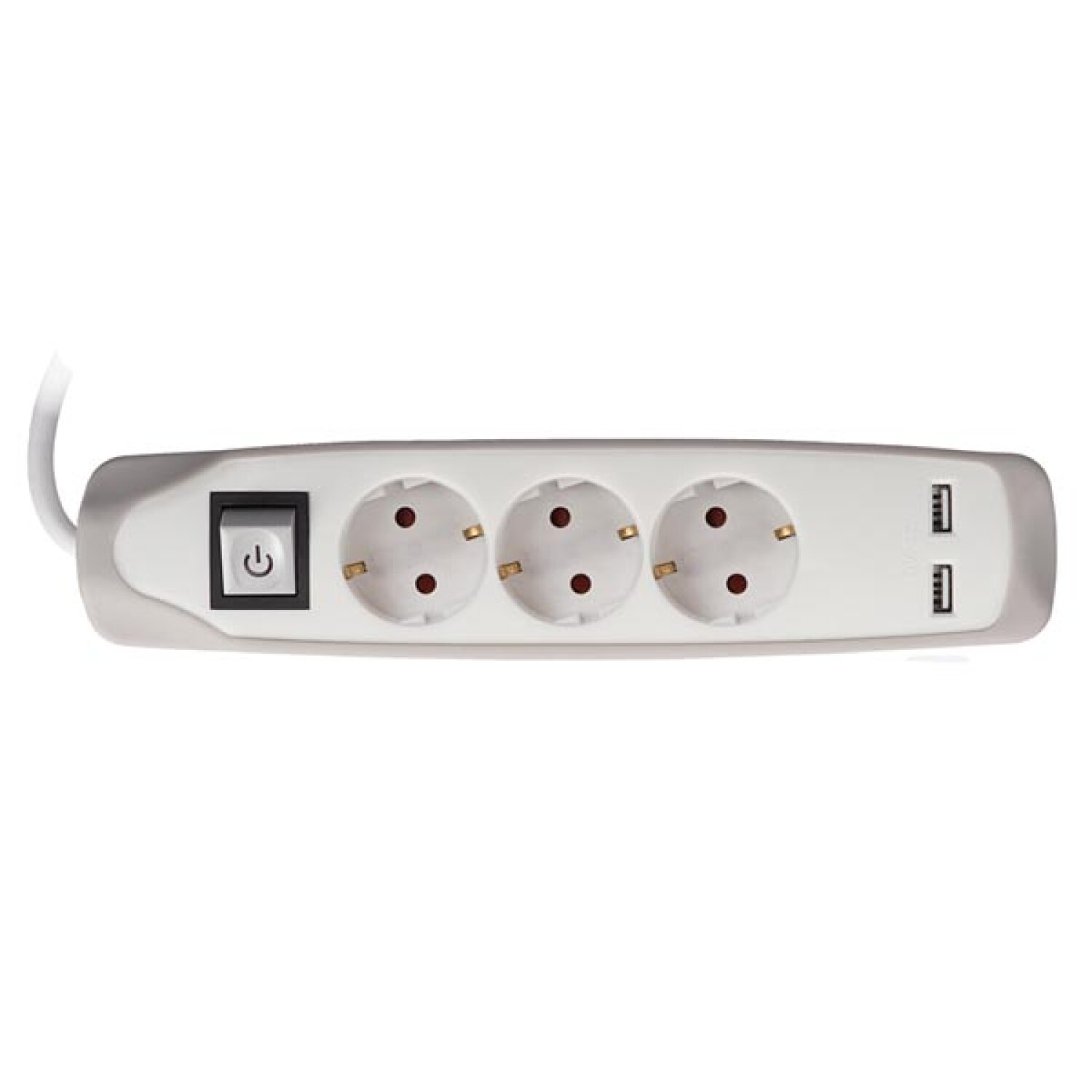 Una ciabatta bianca con tre prese, un pulsante di accensione e due porte USB.