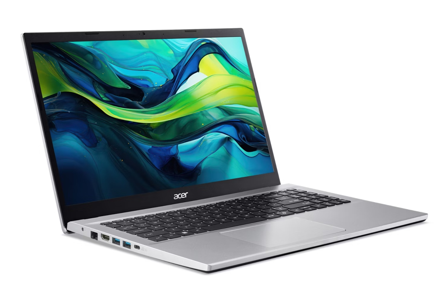Un laptop argentato, aperto, che mostra lo schermo. La tastiera è visibile. Lo sfondo è bianco.