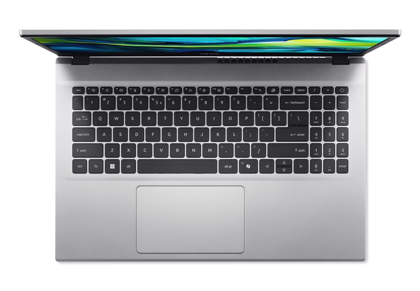 L'immagine mostra un laptop argentato, vista dall'alto, con lo schermo leggermente aperto, che mostra una tastiera.