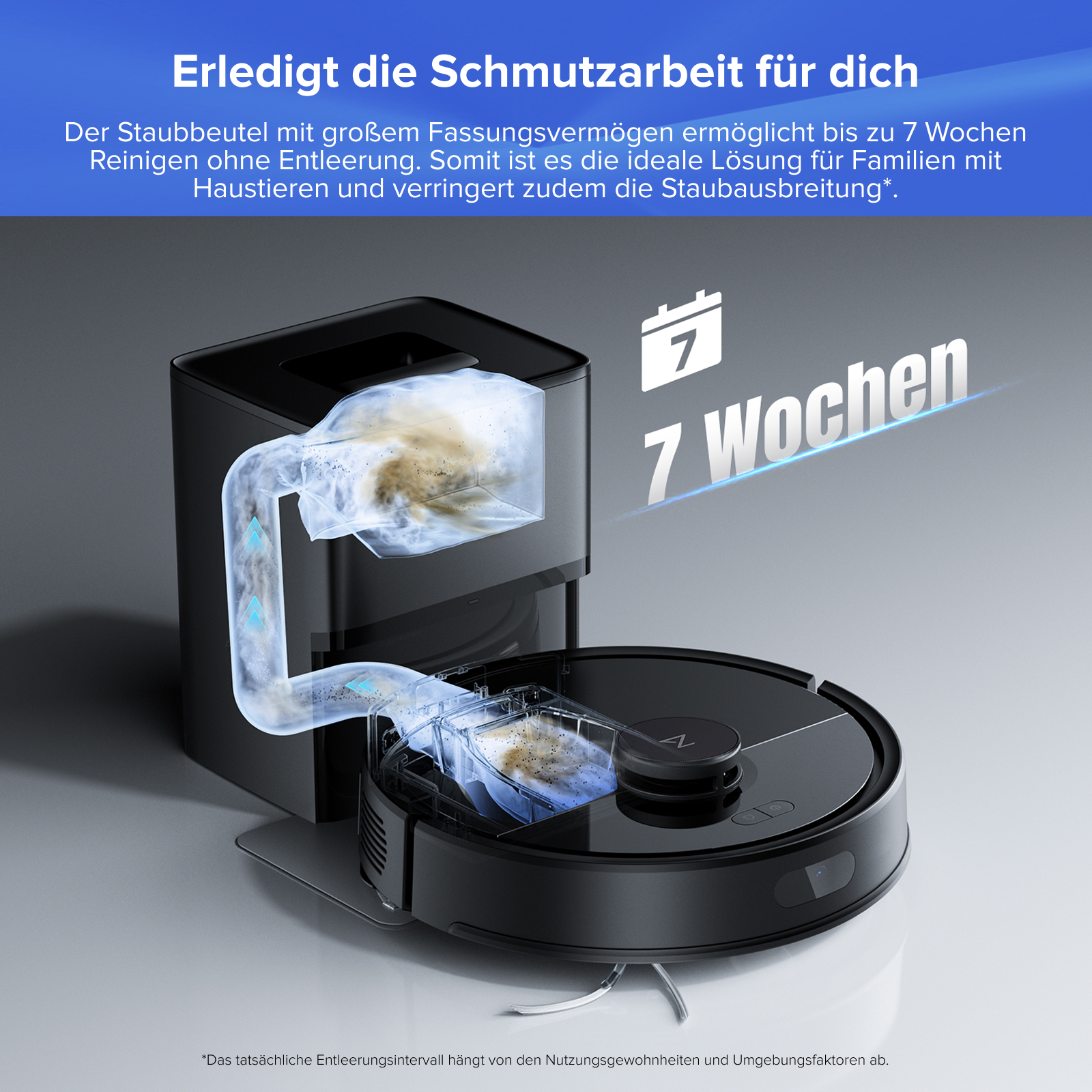 Ein schwarzer Saugroboter ist mit einer Reinigungsstation verbunden, mit einer Grafik, die zeigt, wie Staub hineingesaugt wird.